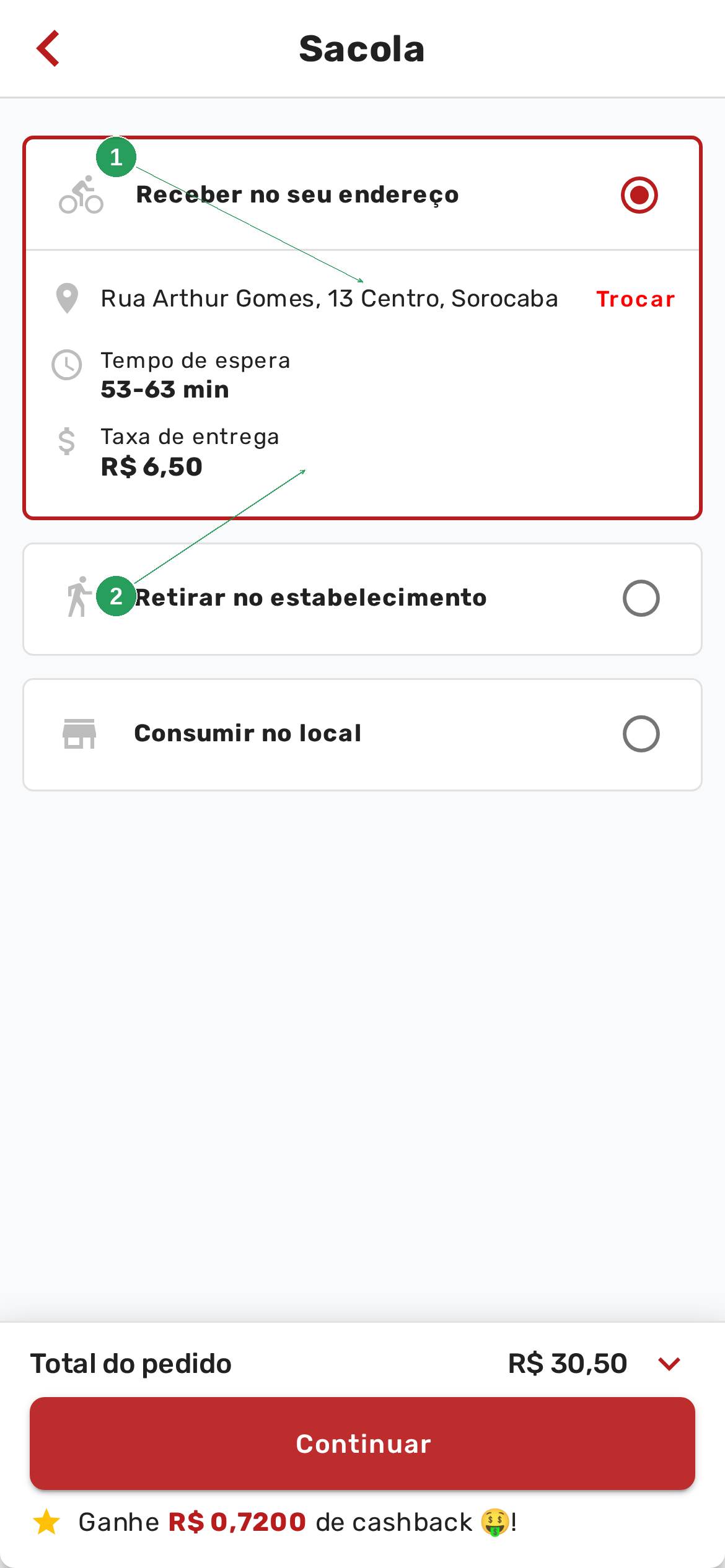 Cardápio mostrando bairro cadastrado com taxa de entrega aplicada