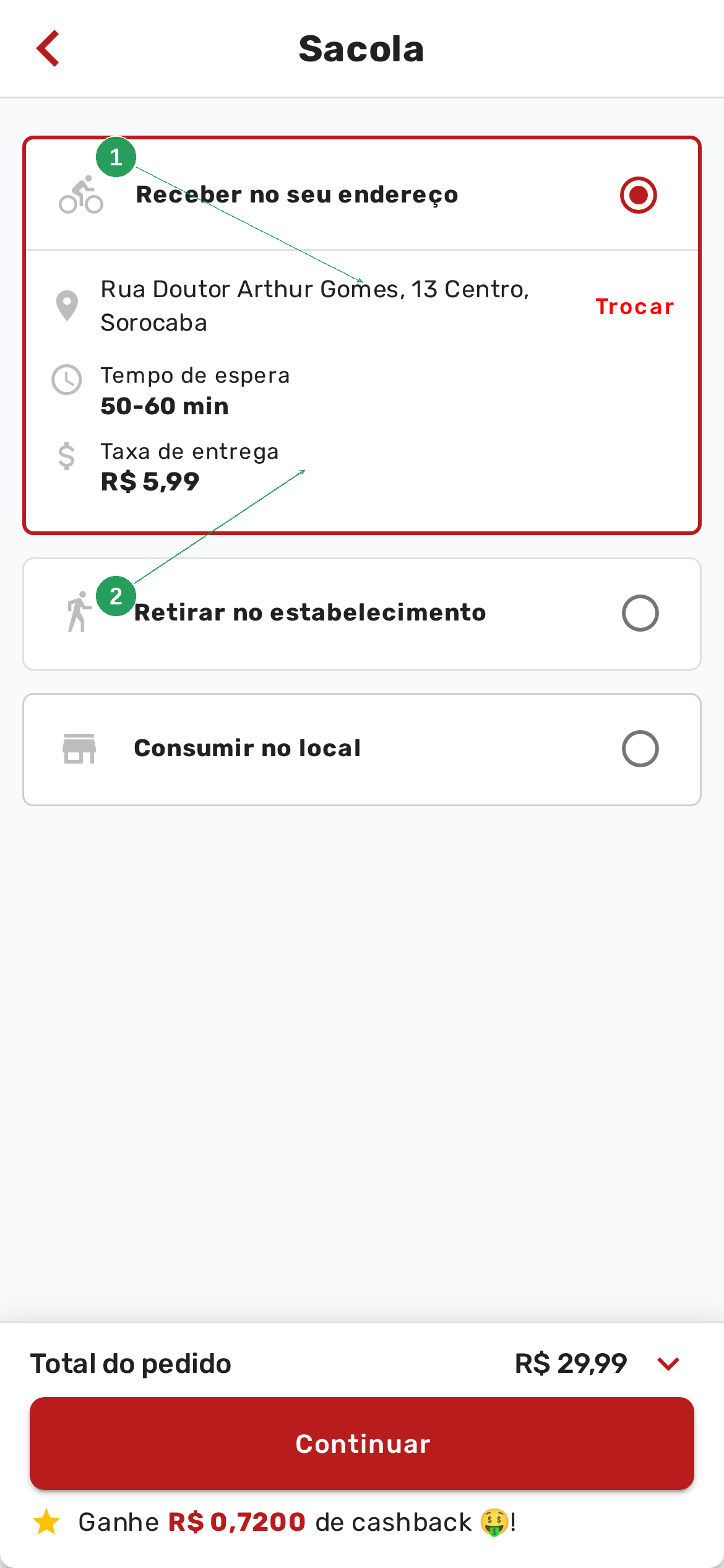 Cardápio digital mostrando endereço dentro da área de entrega KM com taxa calculada