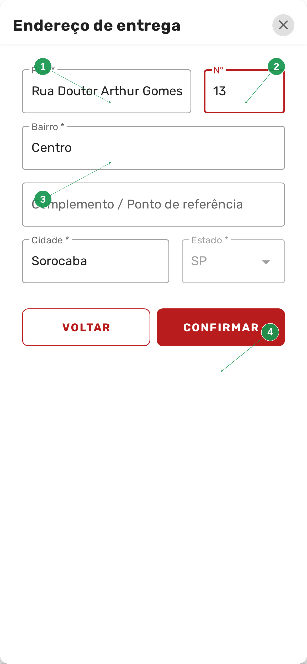 Cardápio — endereço encontrado com campo de número