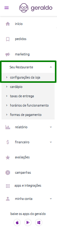 Configurações da loja no painel Aiqfome