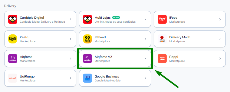 Selecionar Aiqfome V2 na área Delivery