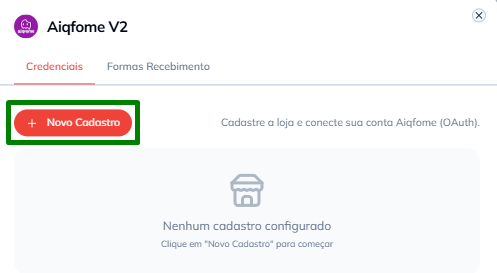 Botão Novo Cadastro na aba Credenciais