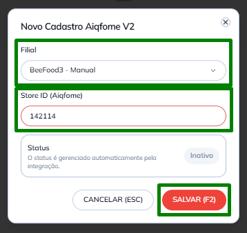 Preencher Cardápio, Store ID e Salvar