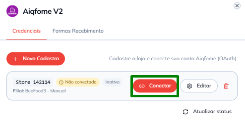 Botão Conectar na loja cadastrada