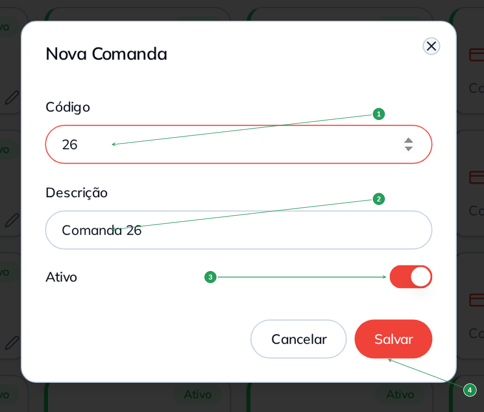 Modal Nova Comanda com os campos código, descrição e Ativo