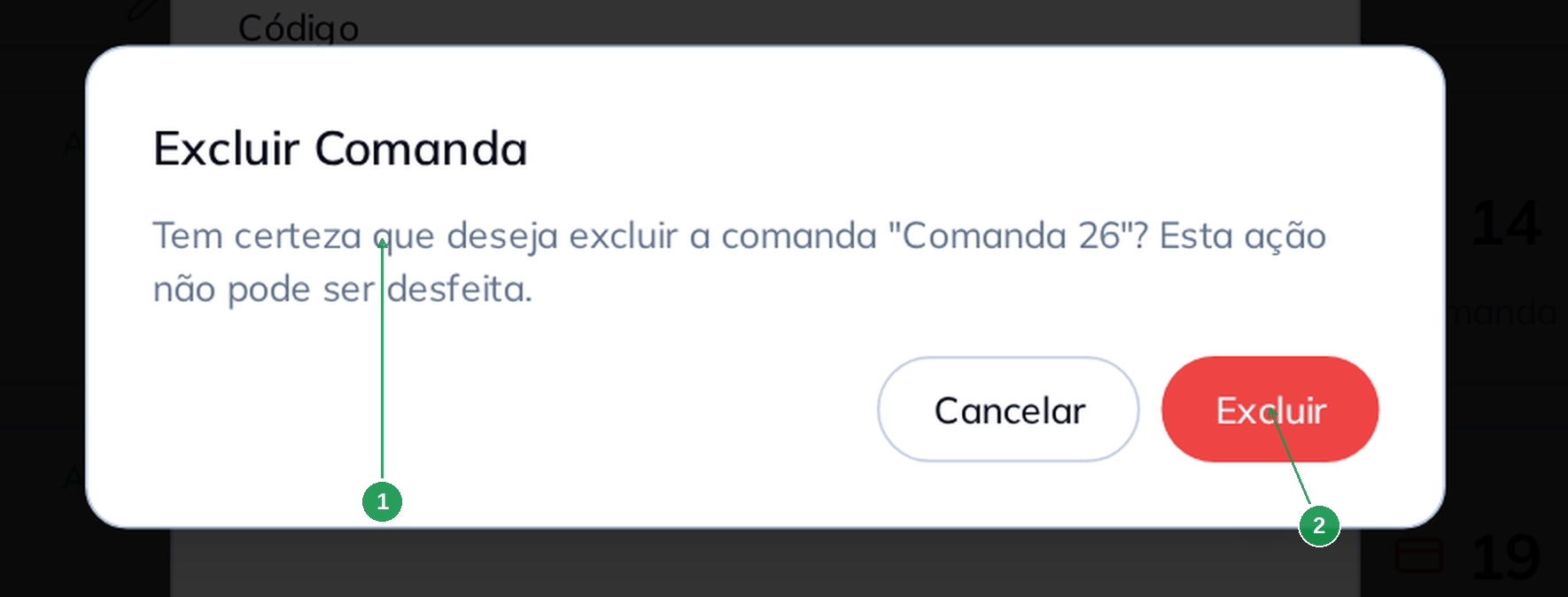 Janela de confirmação de exclusão de uma comanda com a descrição exibida