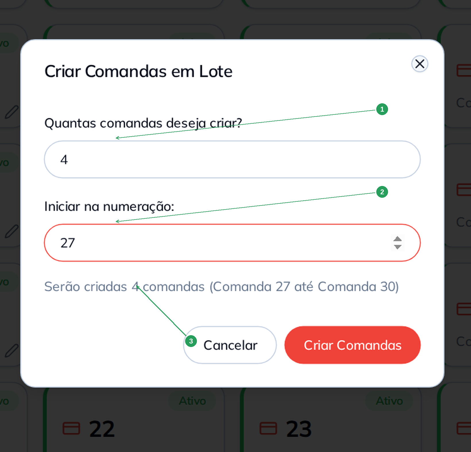 Janela Criar em Lote mostrando a faixa de comandas que será criada