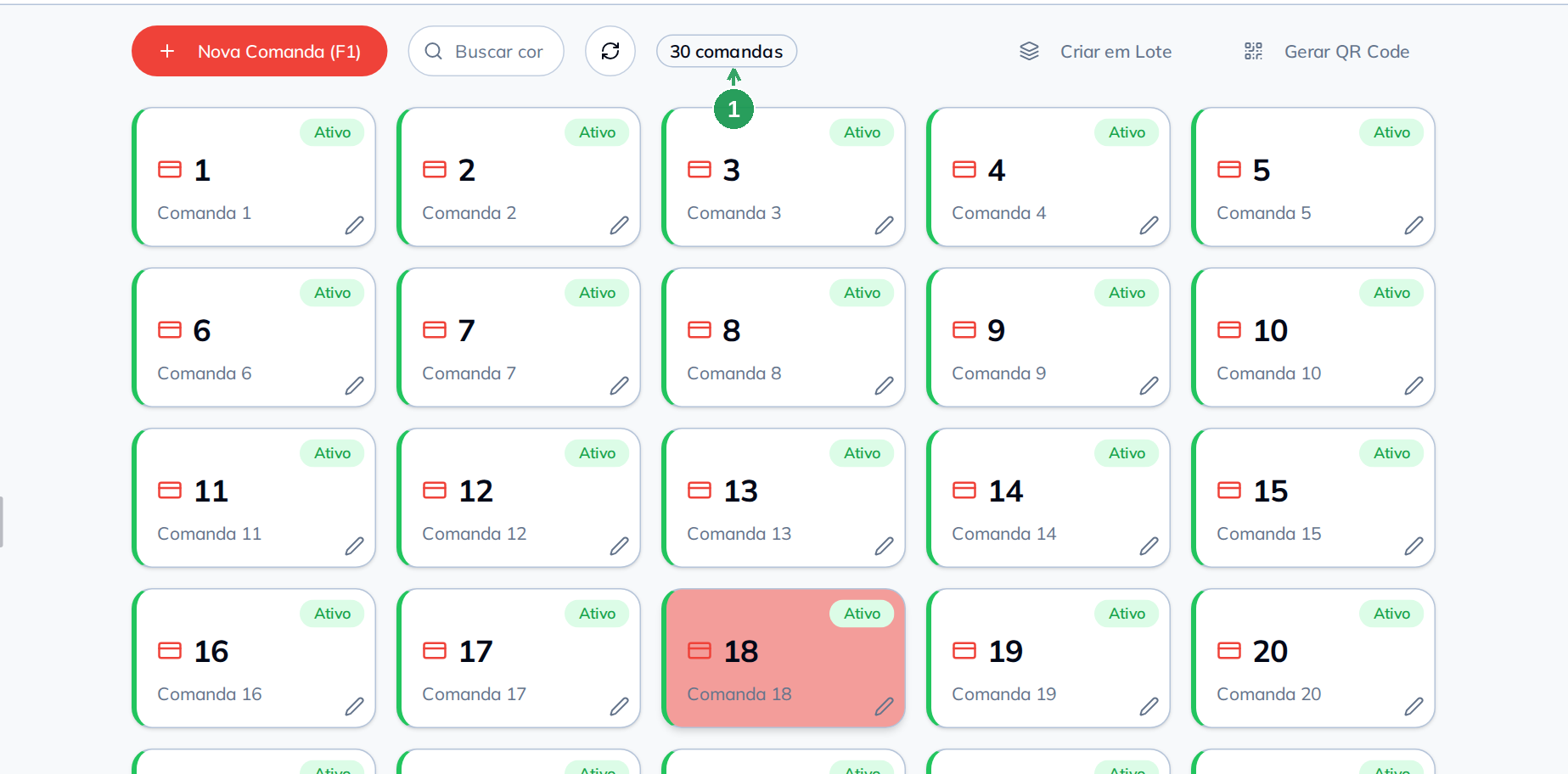 Lista de comandas depois da criação em lote com o contador atualizado