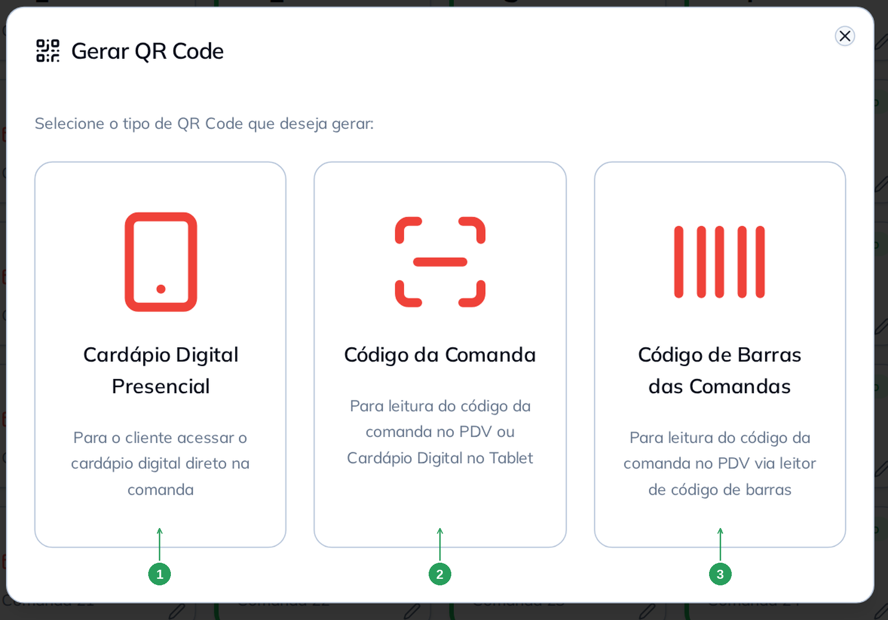 Tela do BeeFood com os três tipos de QR Code para comandas