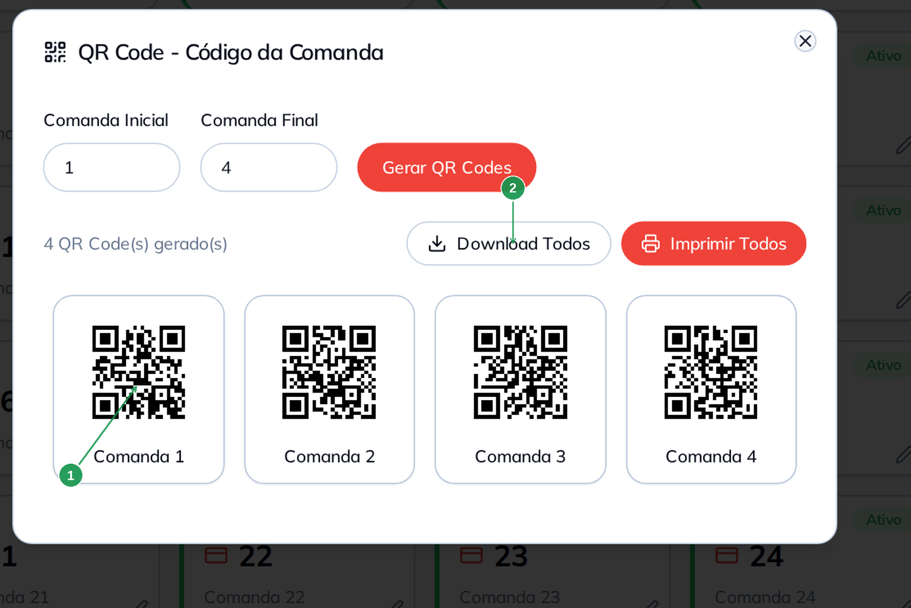 QR Code individual identificado como Código da Comanda para leitura no PDV