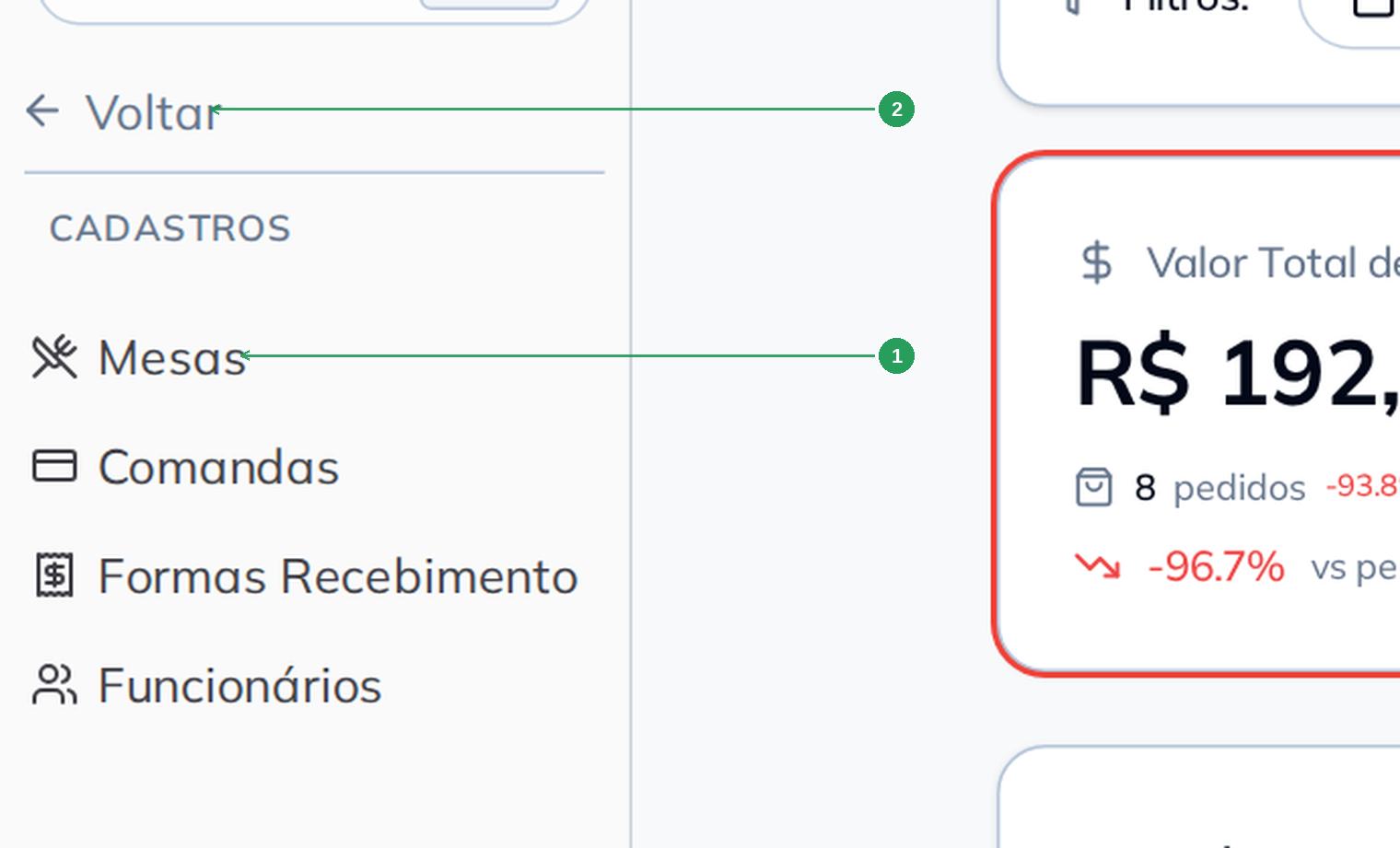 Menu lateral com as opções Cadastros e Mesas