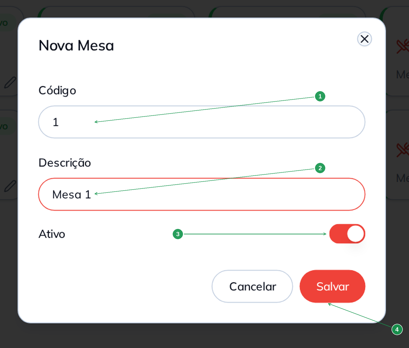 Modal Nova Mesa com os campos código, descrição e Ativo