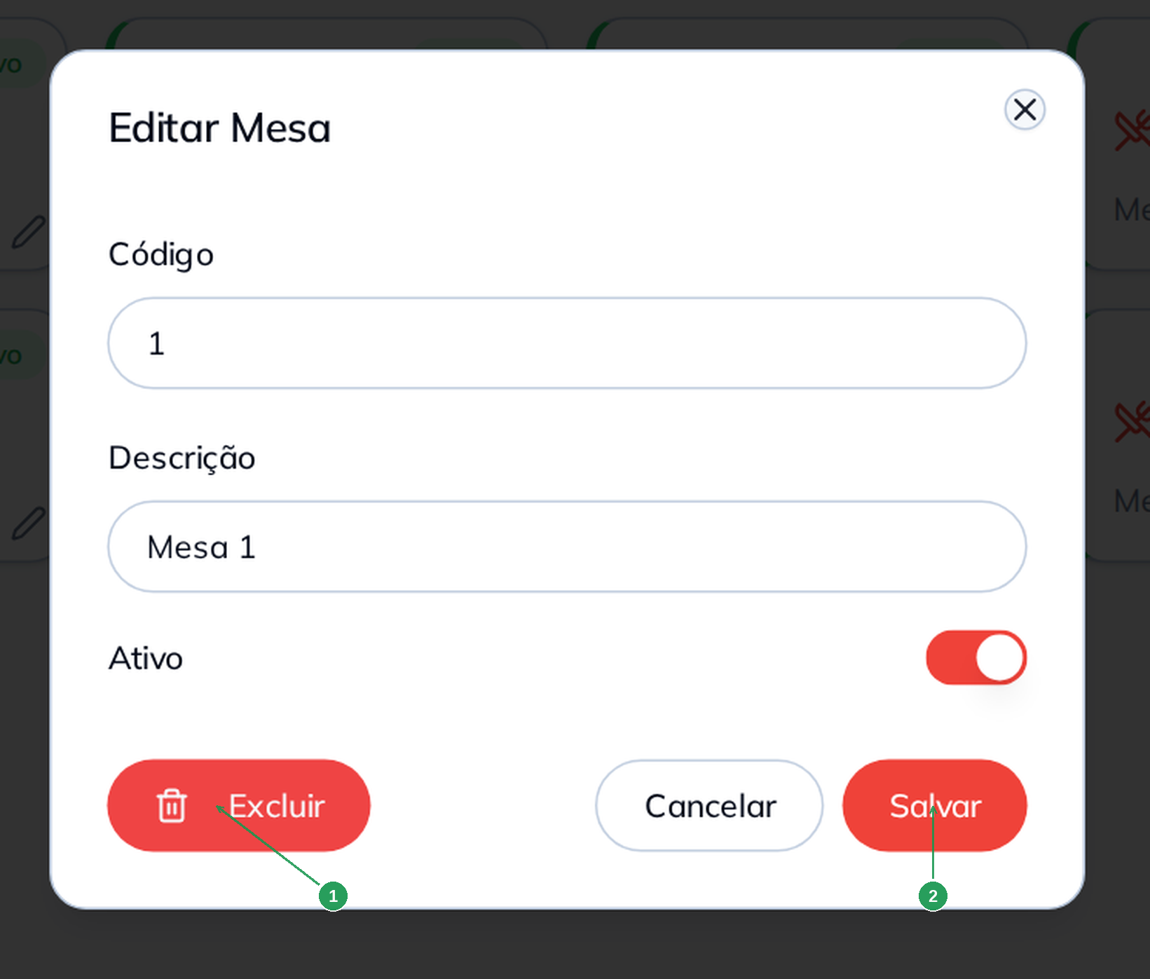 Modal Editar Mesa com o botão Excluir