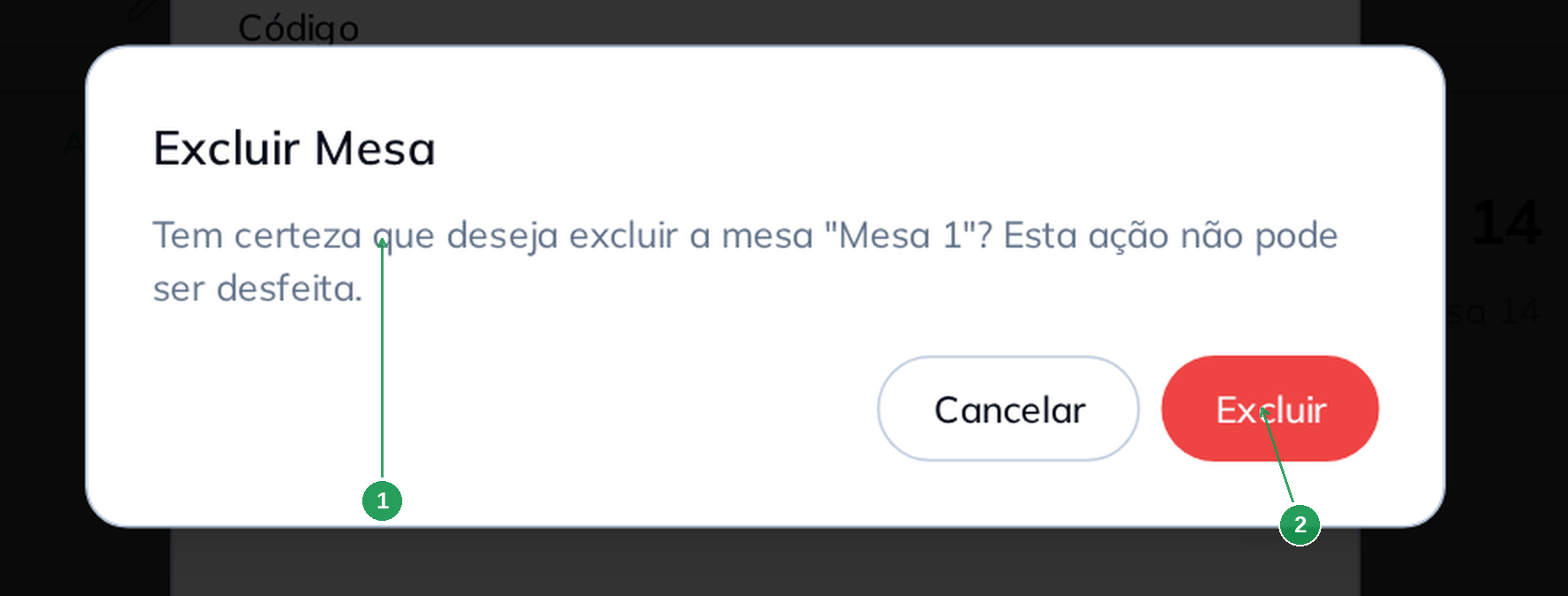 Confirmação de exclusão de mesa com a descrição da mesa