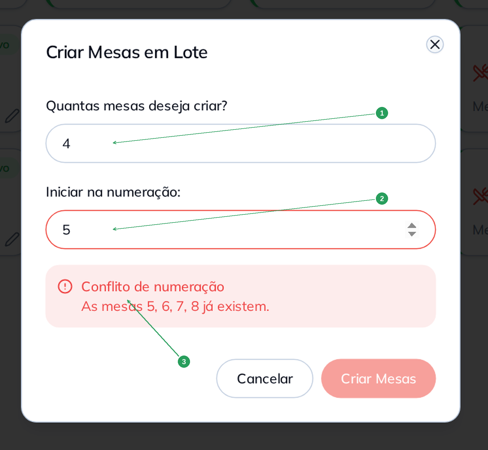 Tela Criar em Lote mostrando conflito de numeração