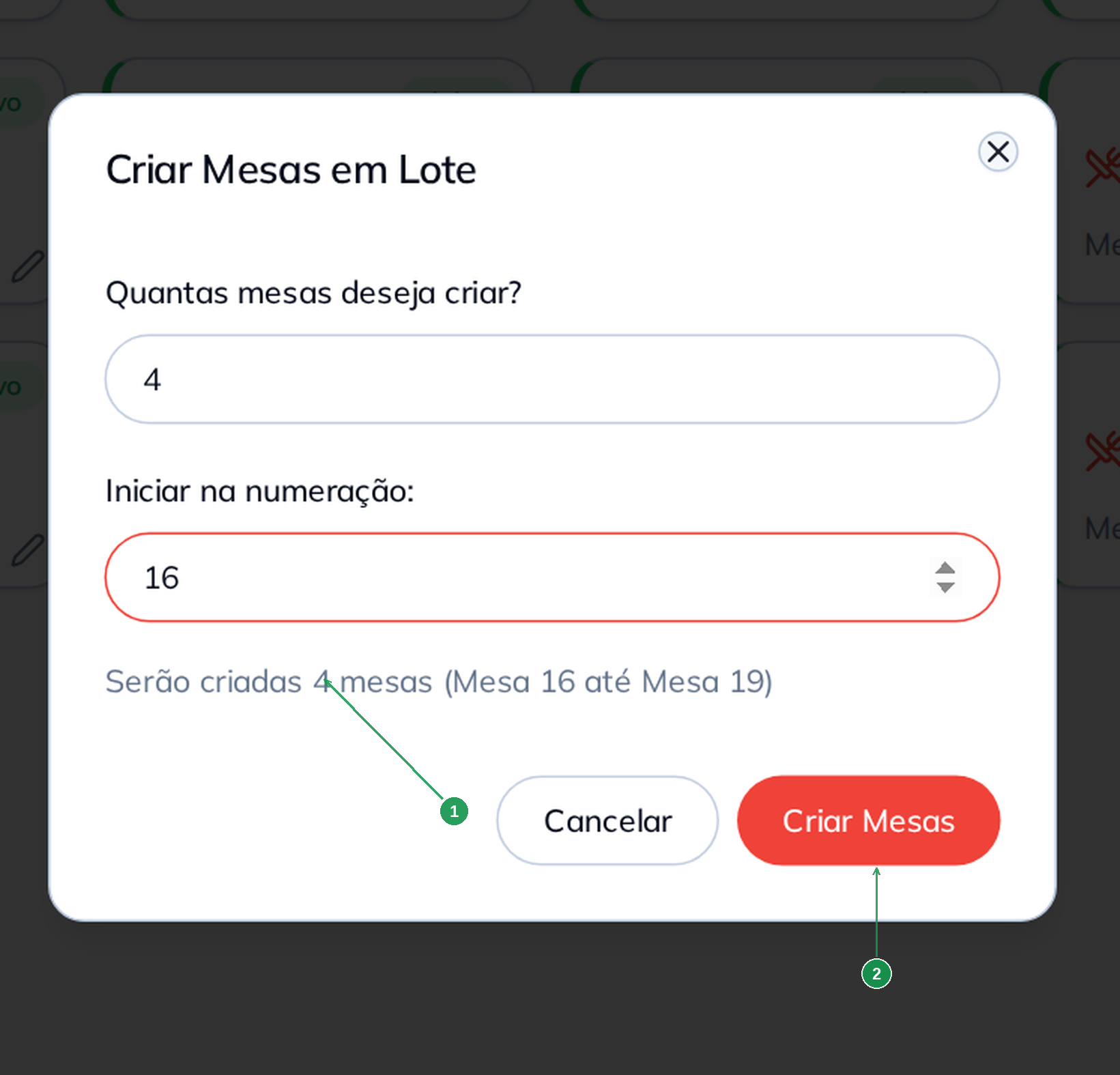 Tela Criar em Lote com faixa livre e previsão das mesas
