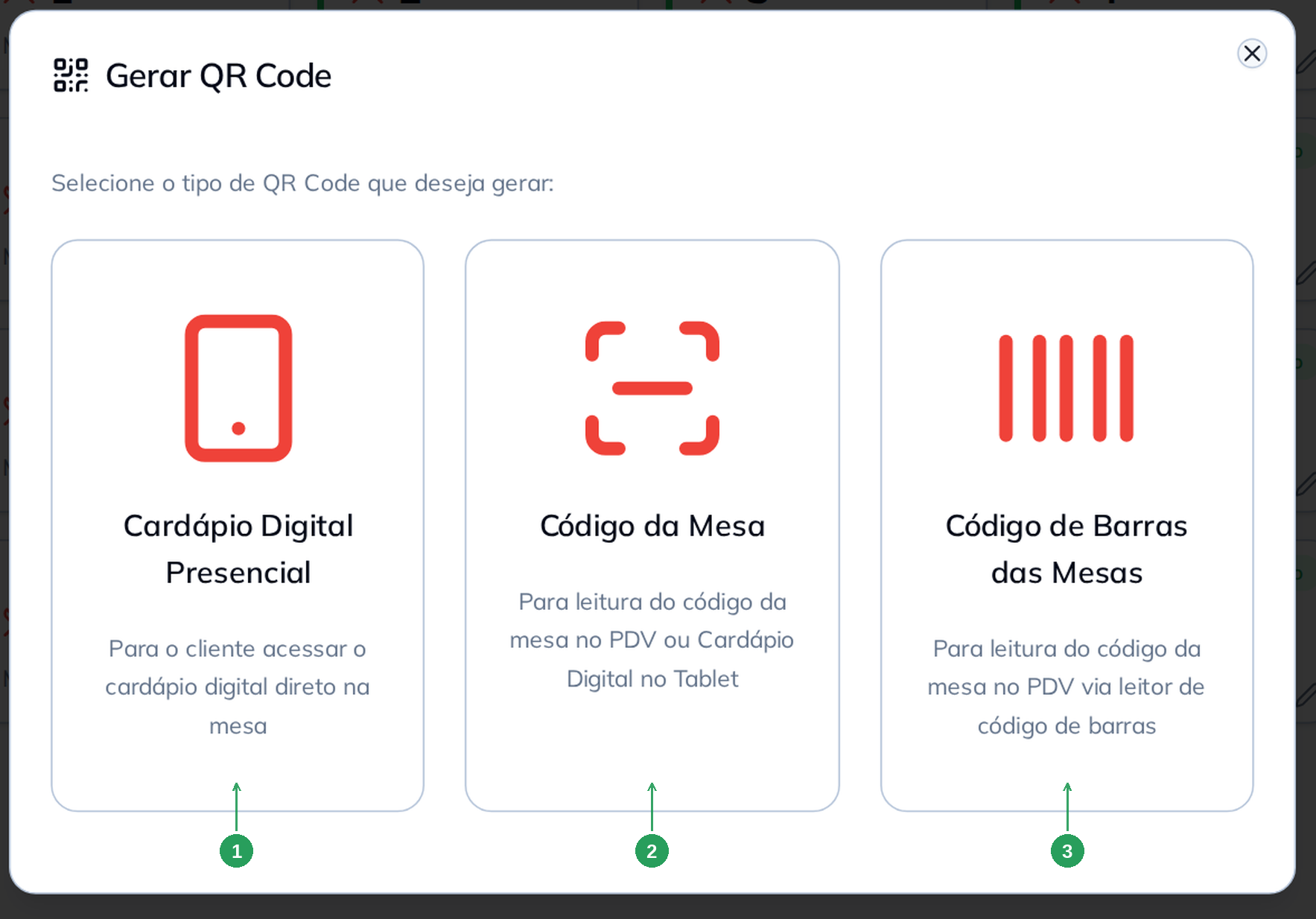 Tela com os três tipos de QR Code para mesas