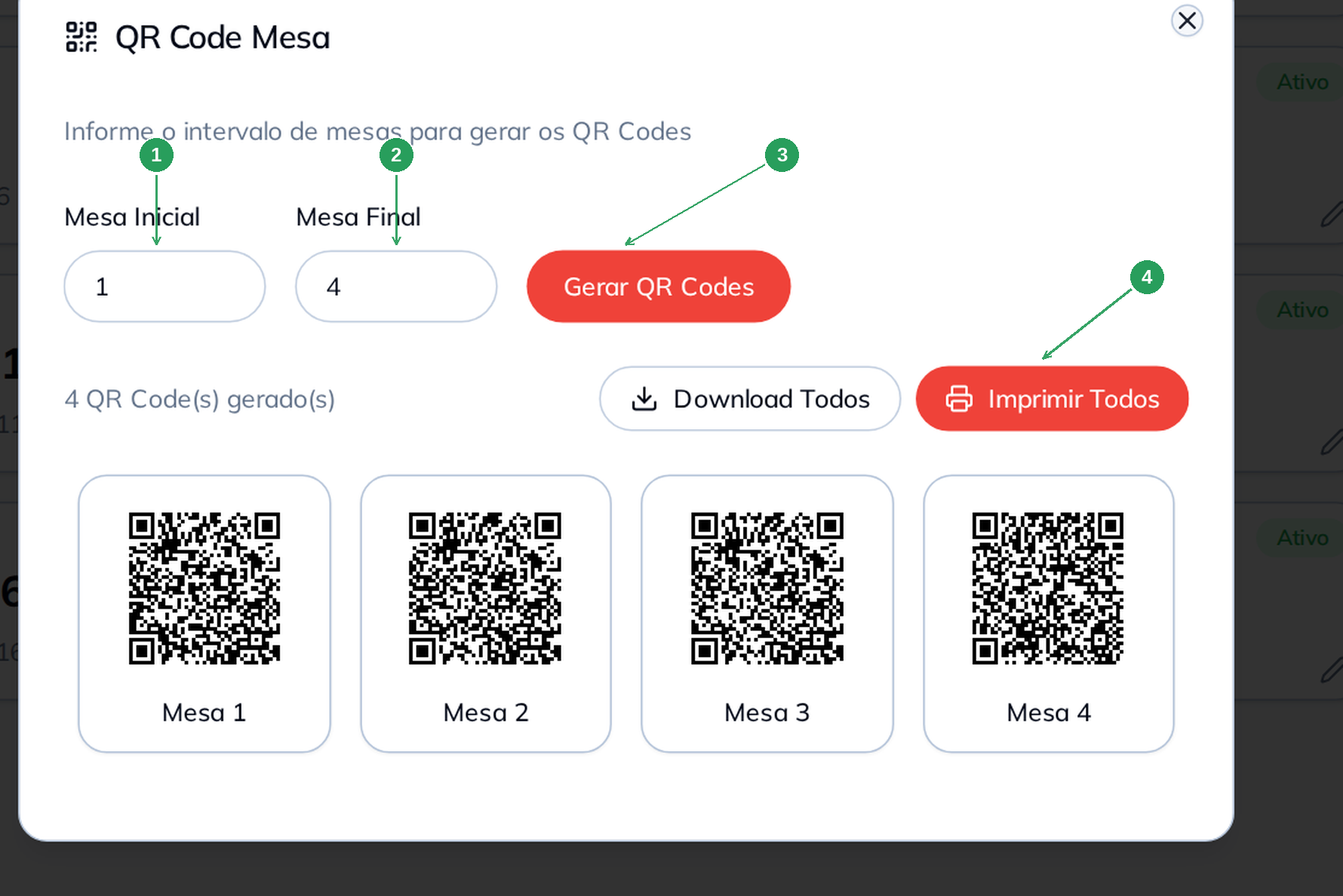 Tela com faixa de mesas e QR Codes do cardápio gerados