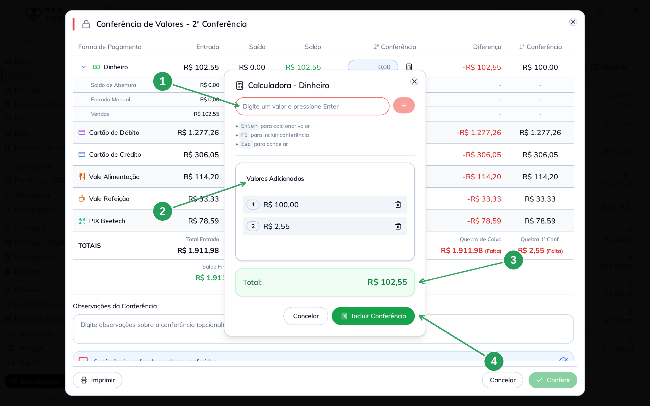 Calculadora da conferência somando valores recontados do dinheiro