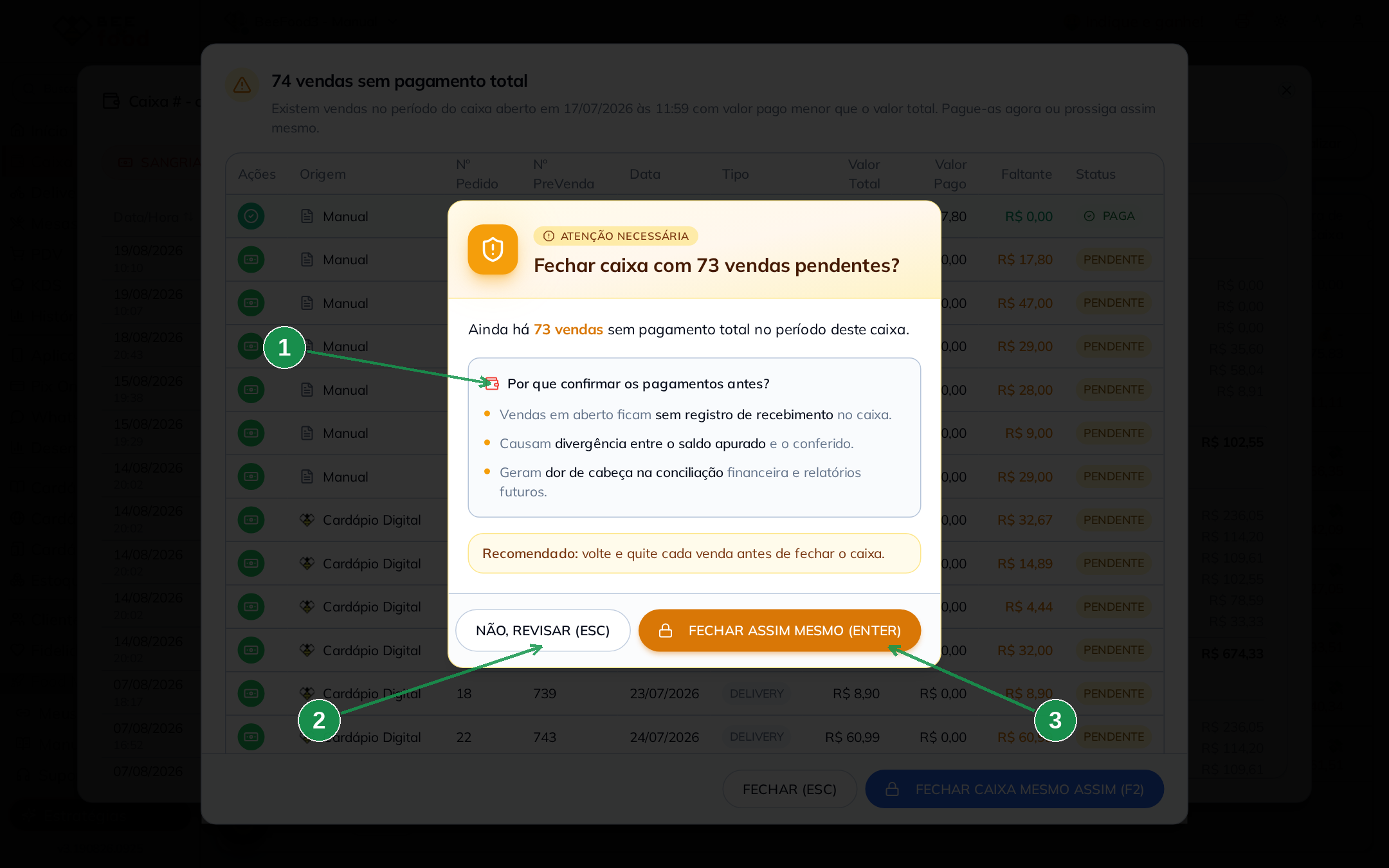 Aviso de confirmação para fechar o caixa mesmo com vendas pendentes