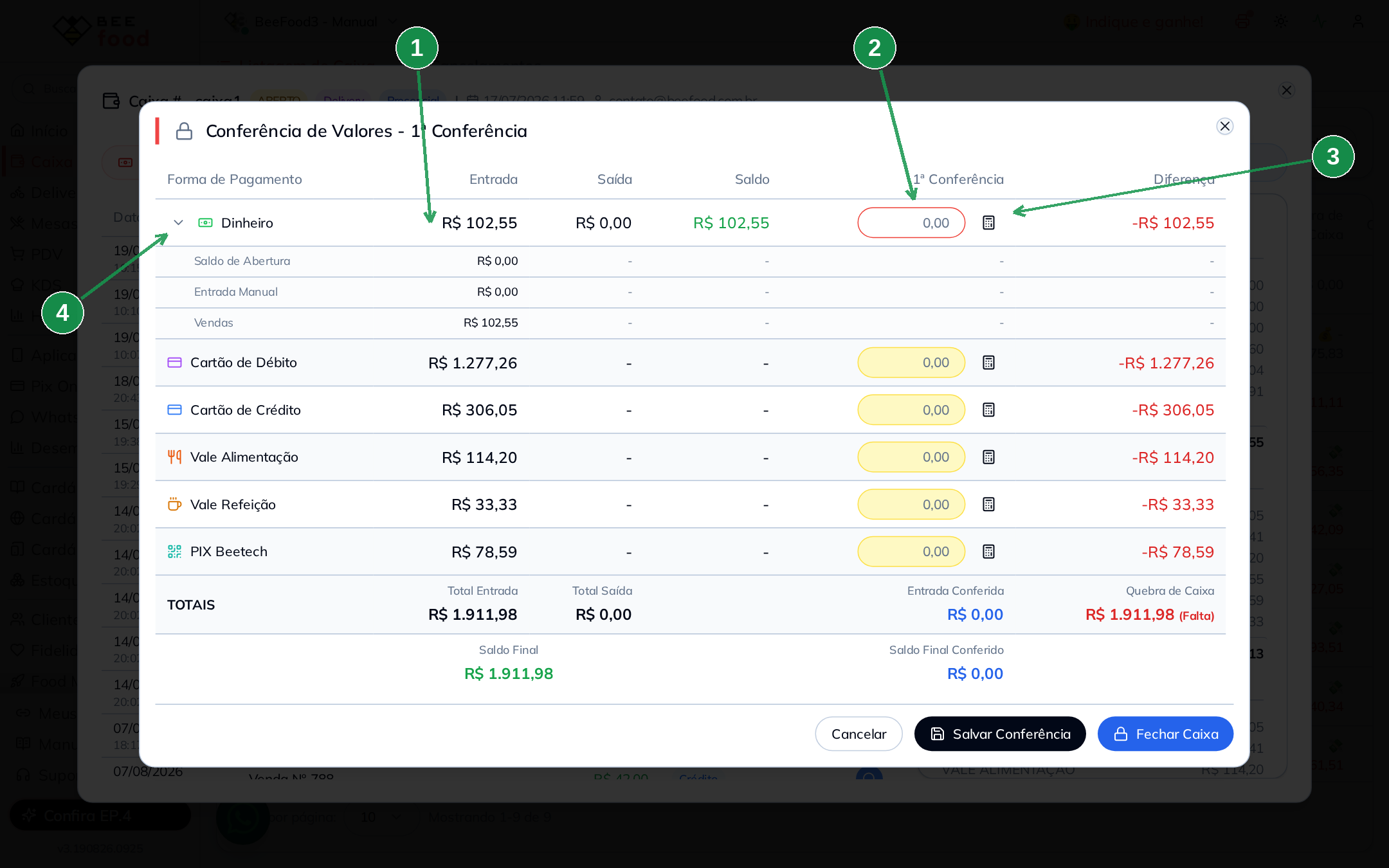 Tela de primeira conferência com colunas de entrada e valor conferido