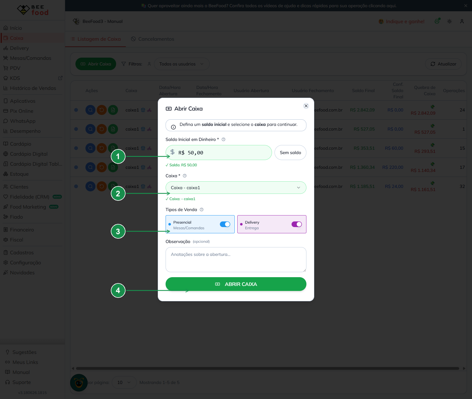 Modal Abrir Caixa preenchido