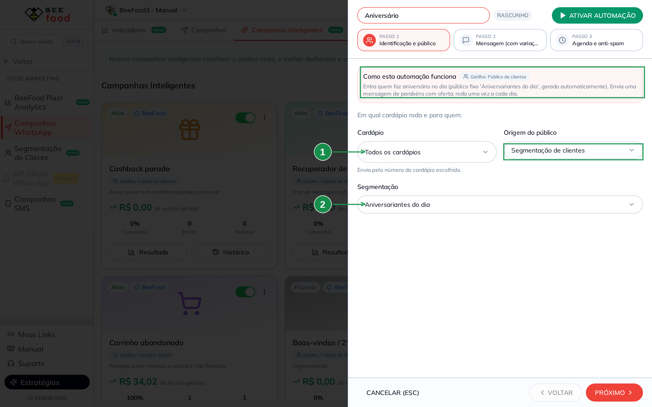 Passo 1 de uma campanha por público de clientes