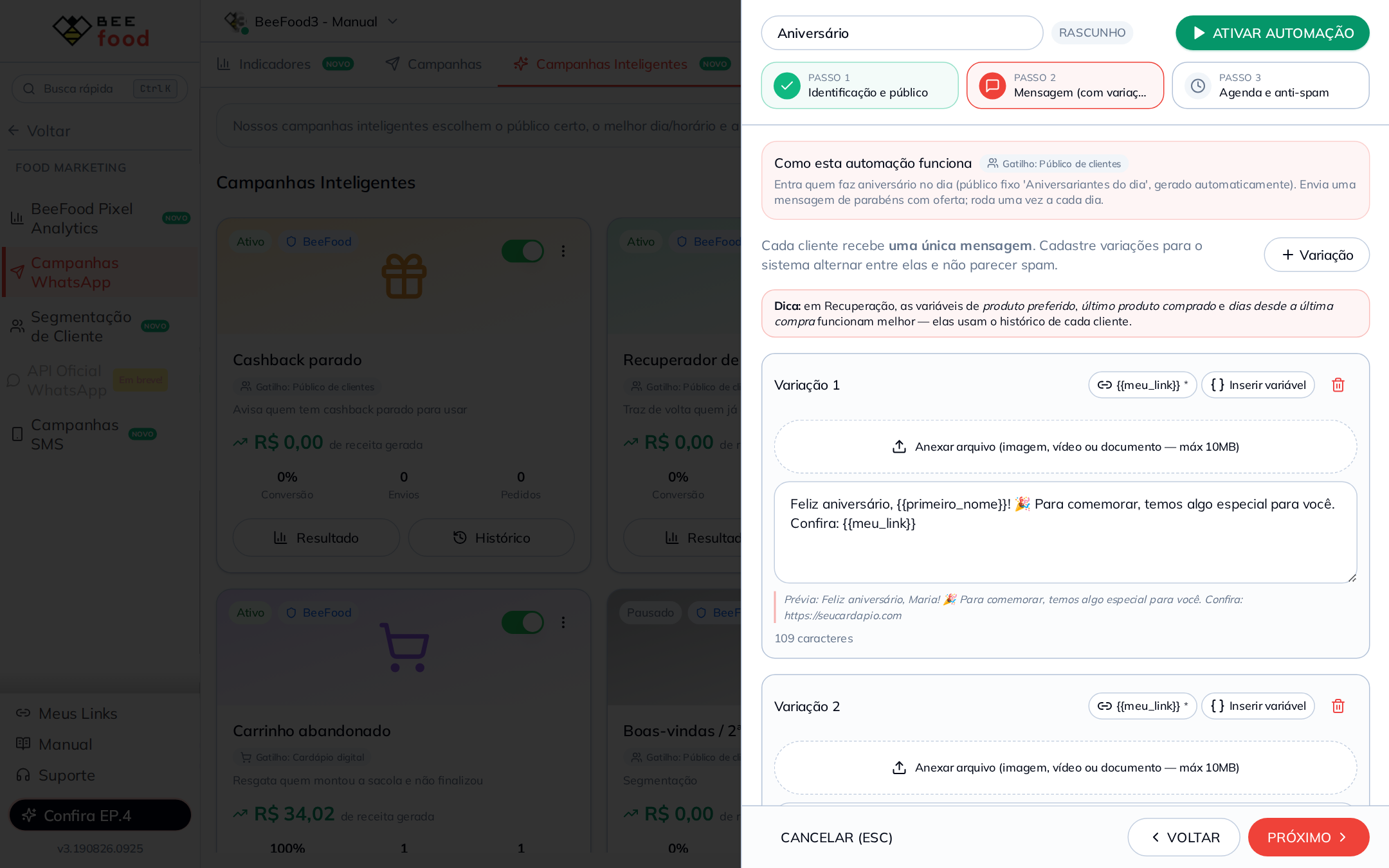 Passo 2 com as variações da mensagem