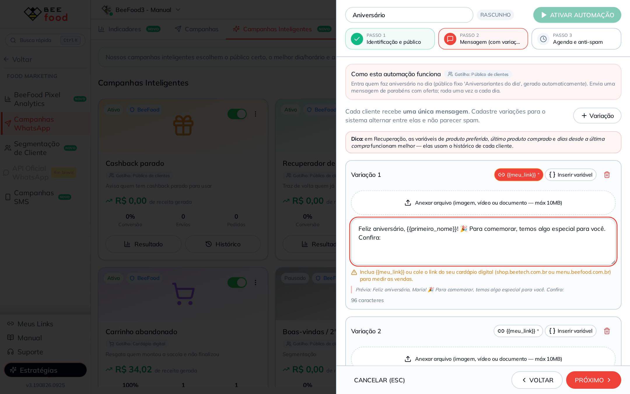 Aviso de mensagem sem o link do cardápio
