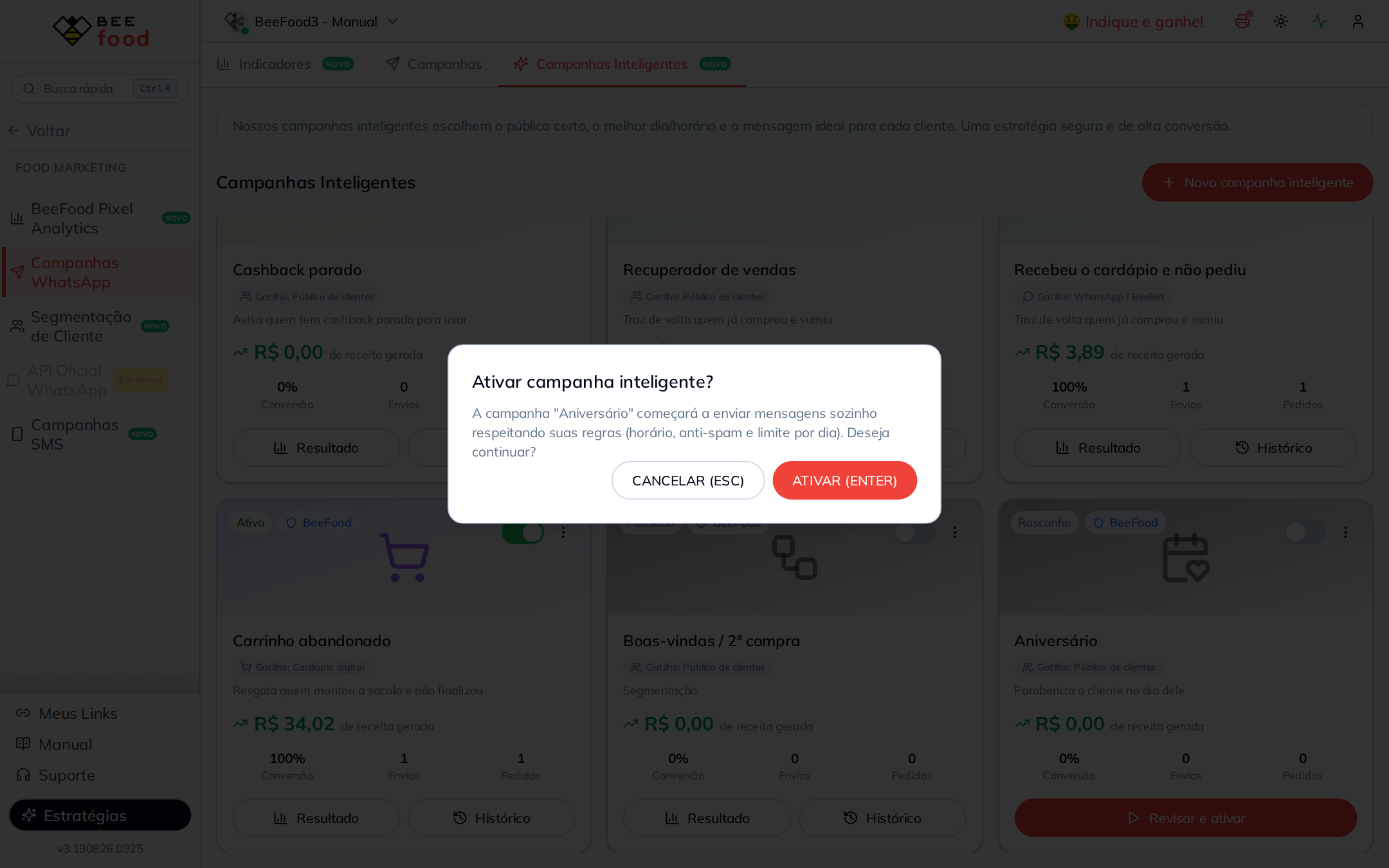 Confirmação para ligar uma campanha