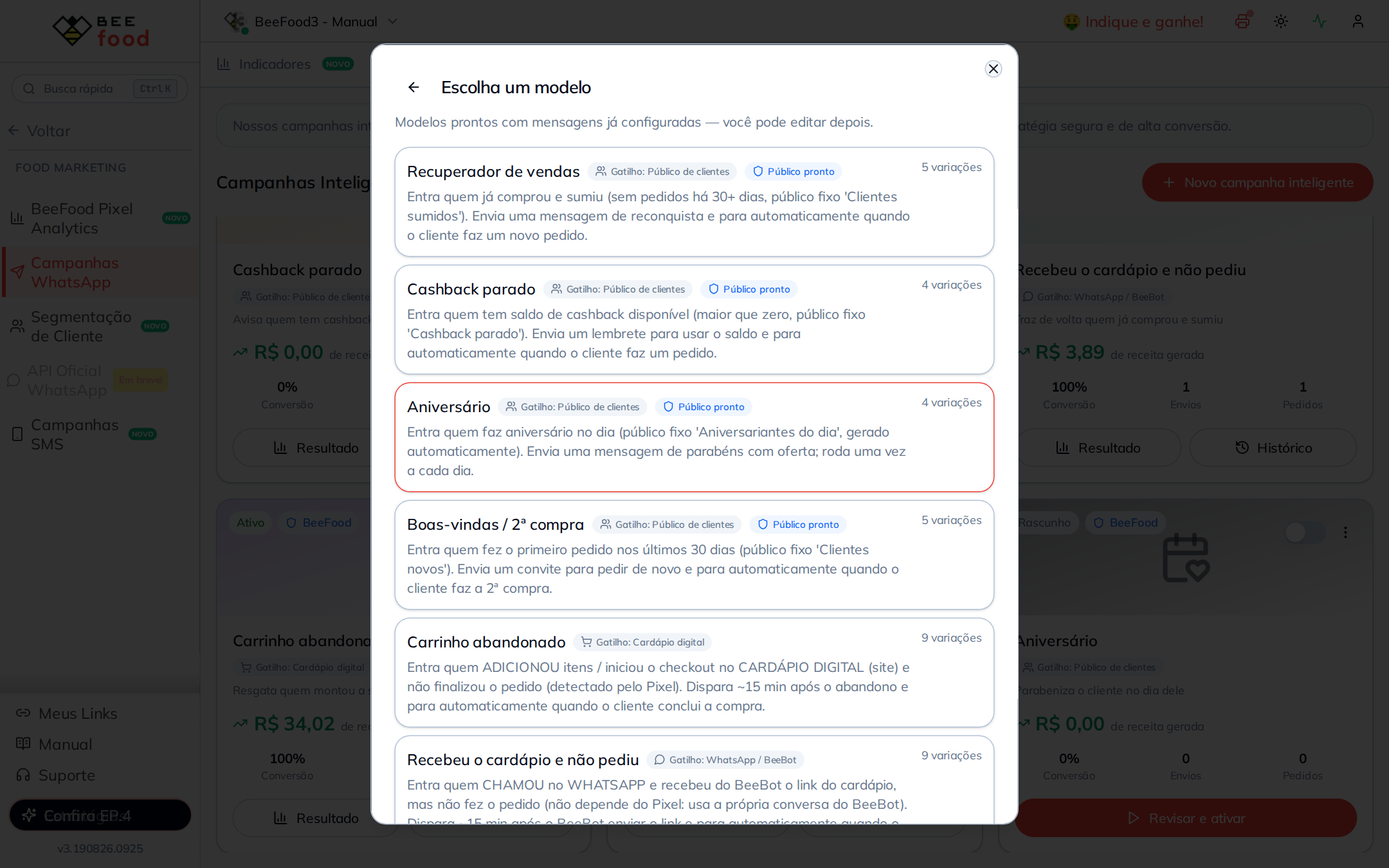 Os seis modelos prontos com a descrição de cada um