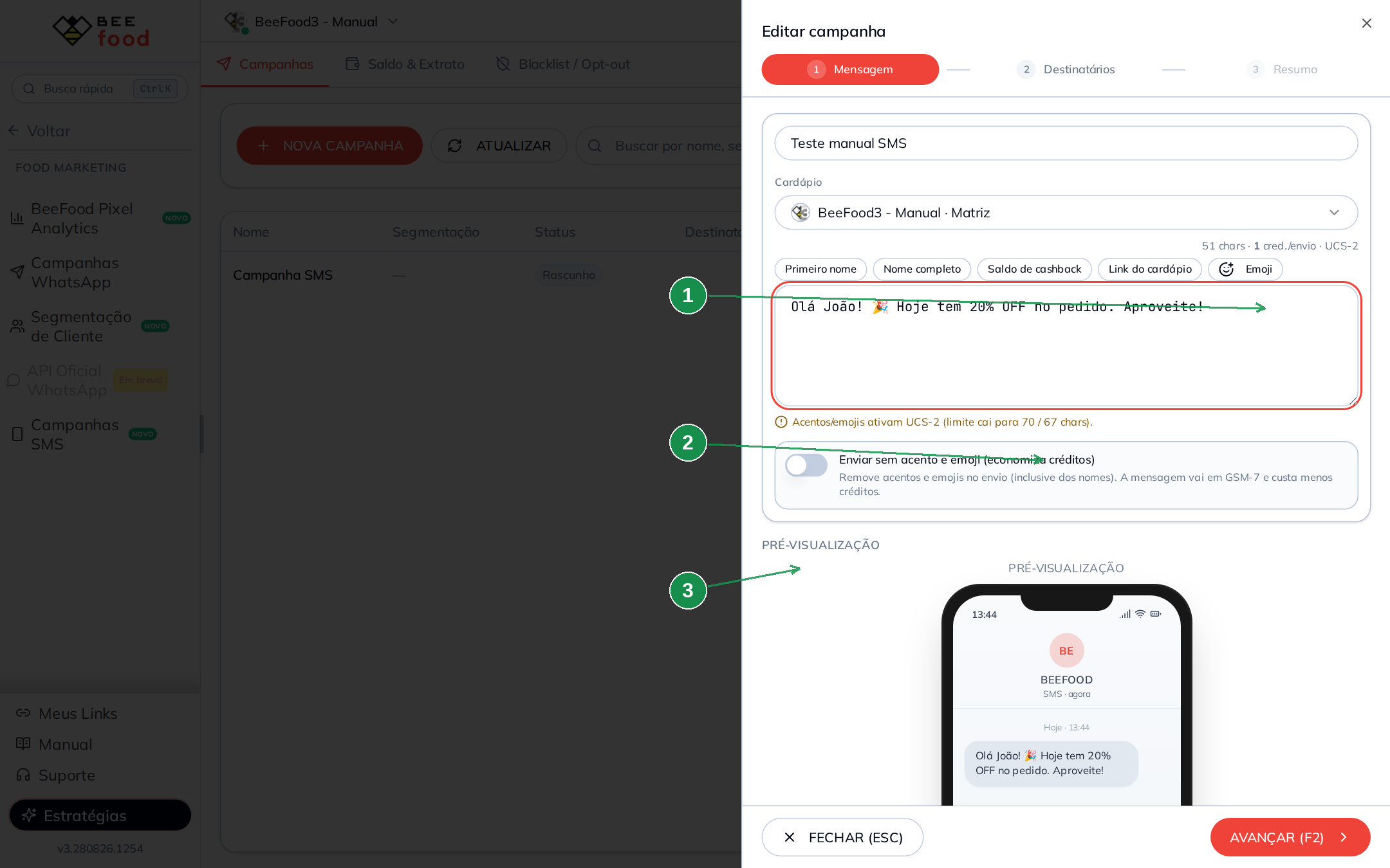 Aviso de UCS-2 causado por acento ou emoji na mensagem SMS