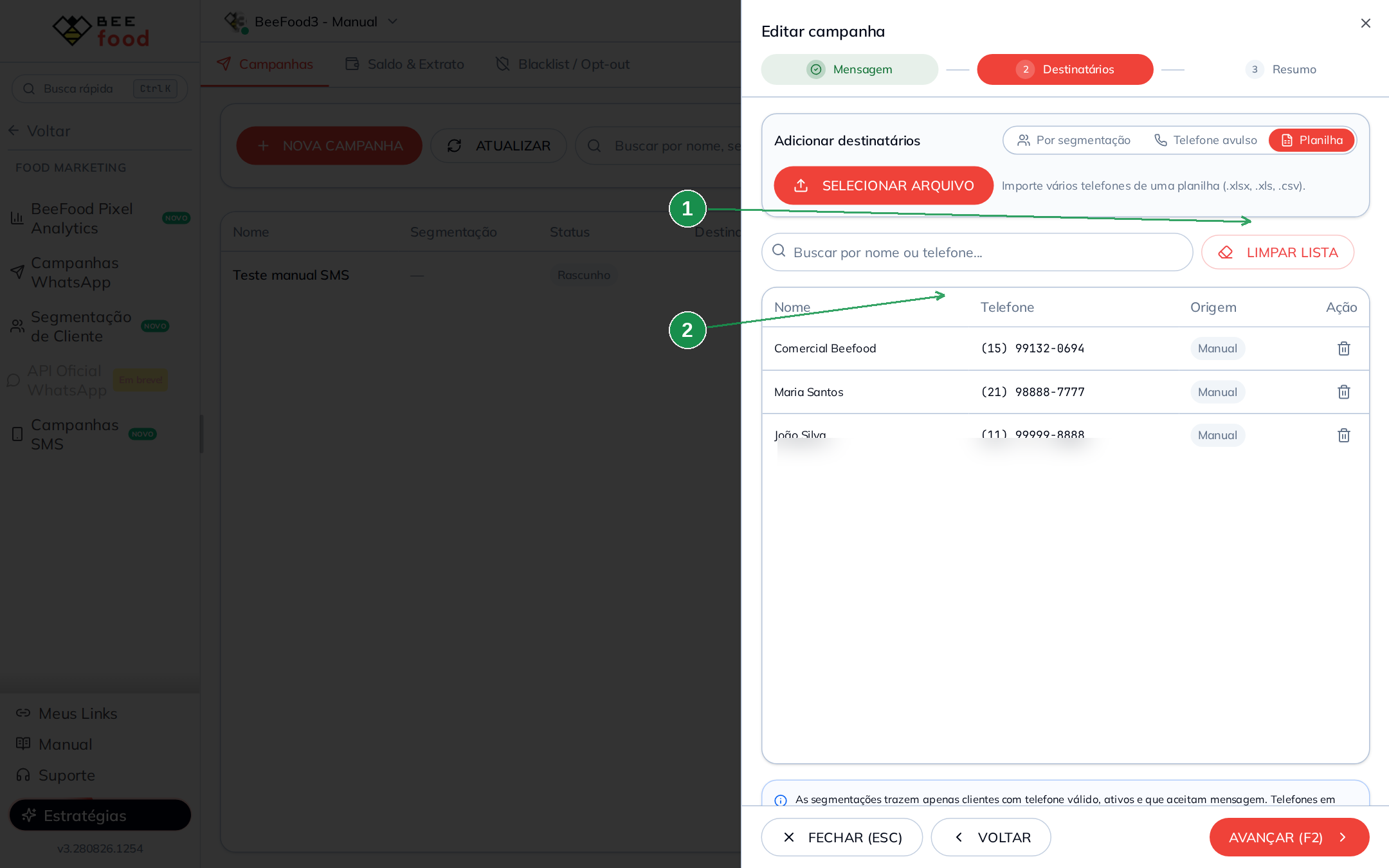 Importação de destinatários de uma planilha Excel ou CSV na campanha SMS