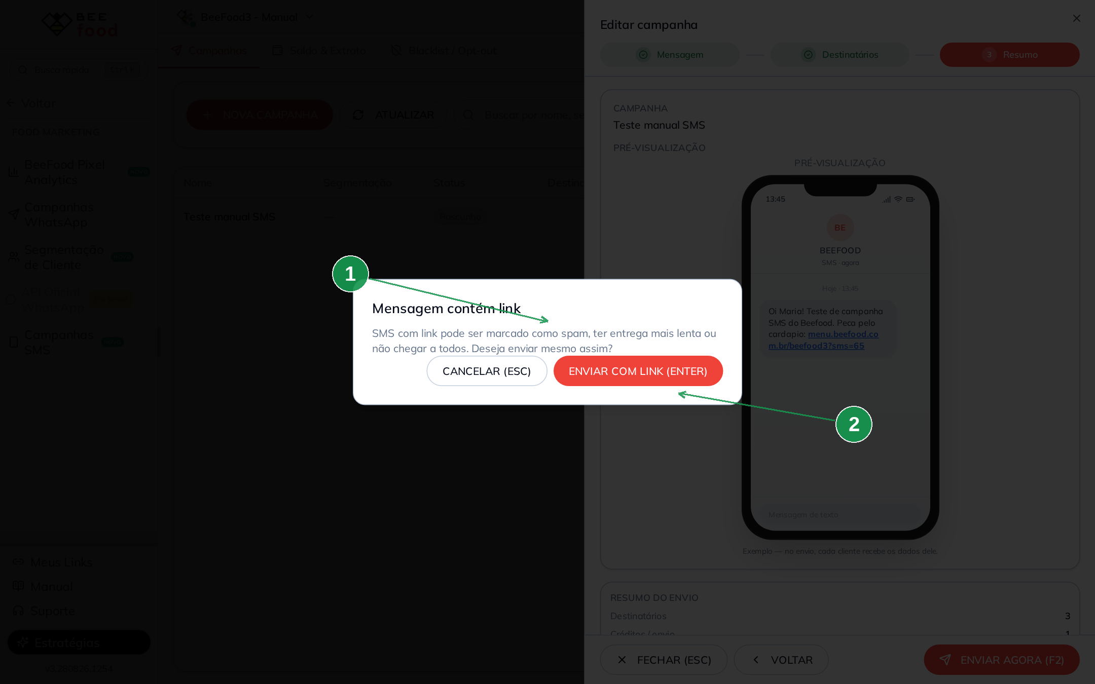Aviso sobre risco de spam, atraso ou falha de entrega em SMS com link
