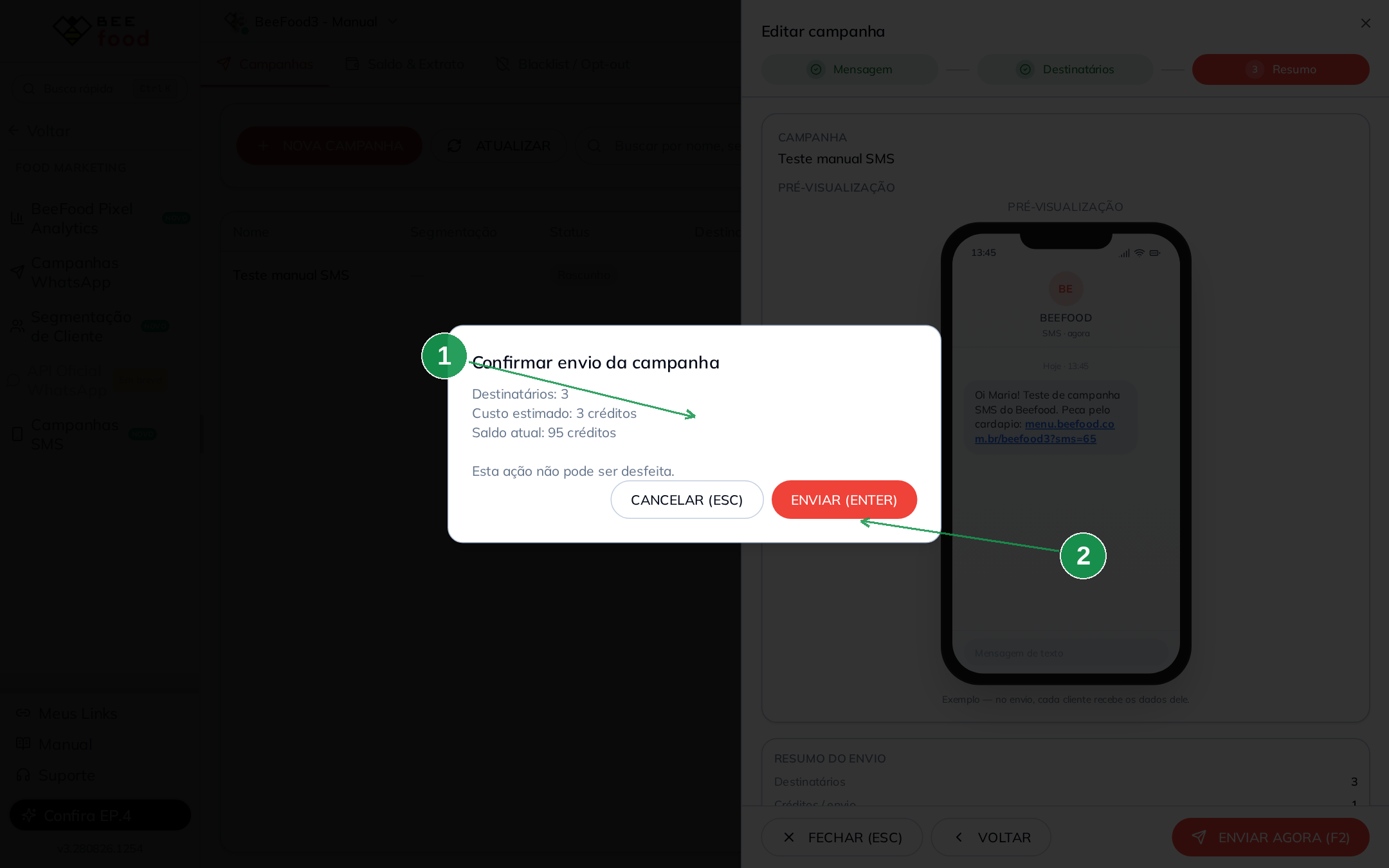 Confirmação final do envio da campanha SMS com destinatários, custo e saldo