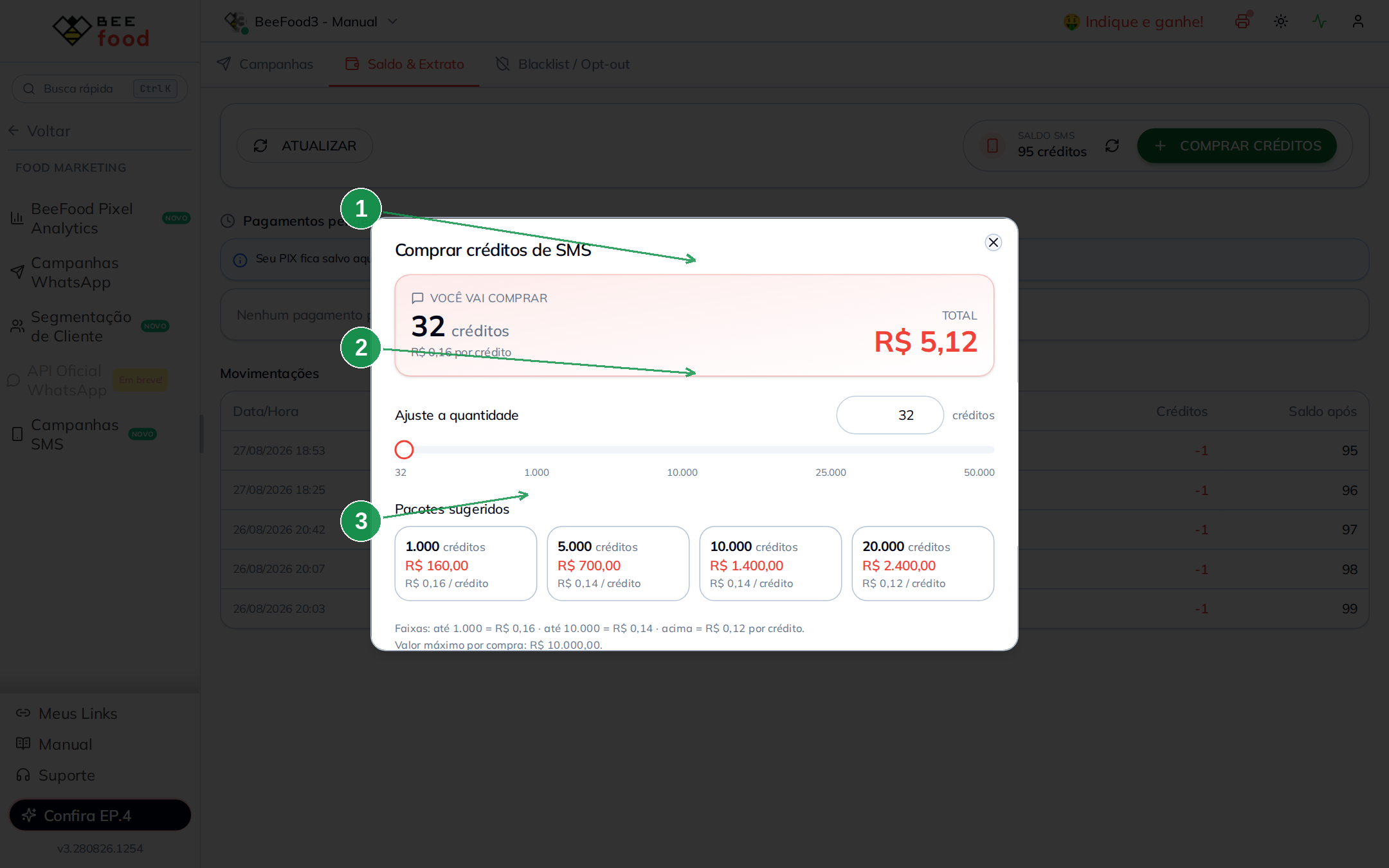 Modal de compra de créditos SMS com quantidade, total em reais, slider e pacotes sugeridos