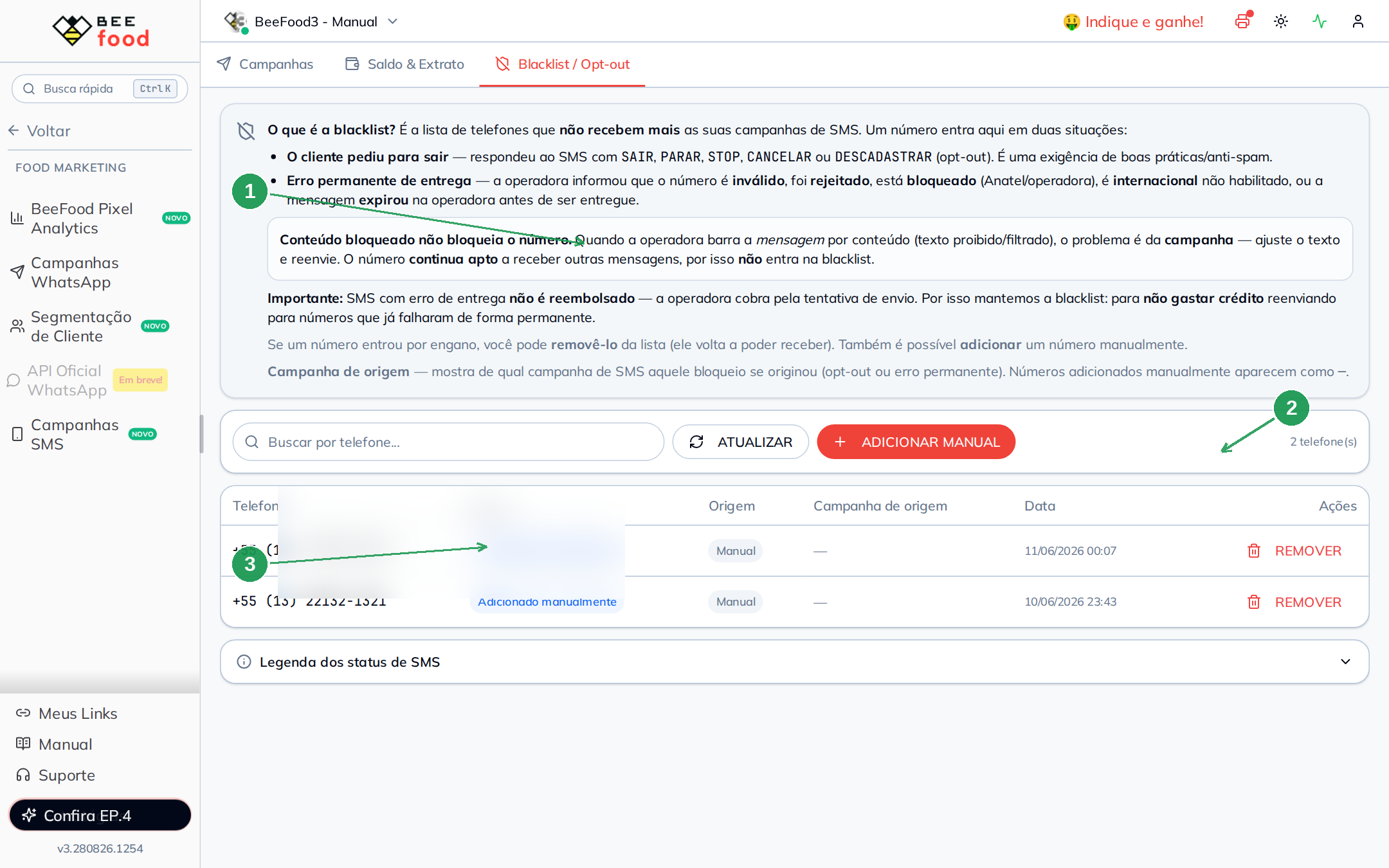 Aba Blacklist e Opt-out com números bloqueados para receber campanhas SMS