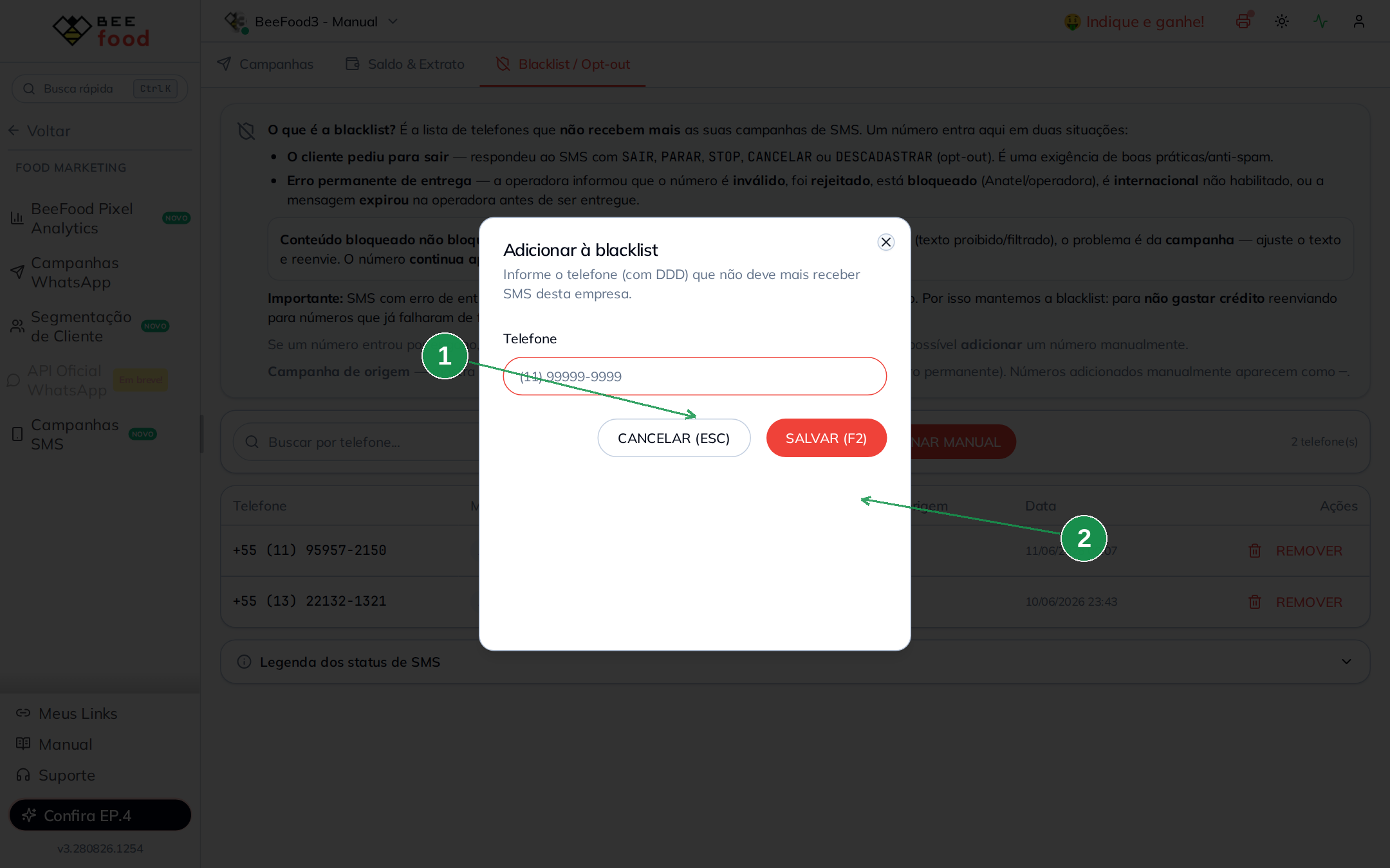 Tela para adicionar manualmente um número de telefone à blacklist SMS