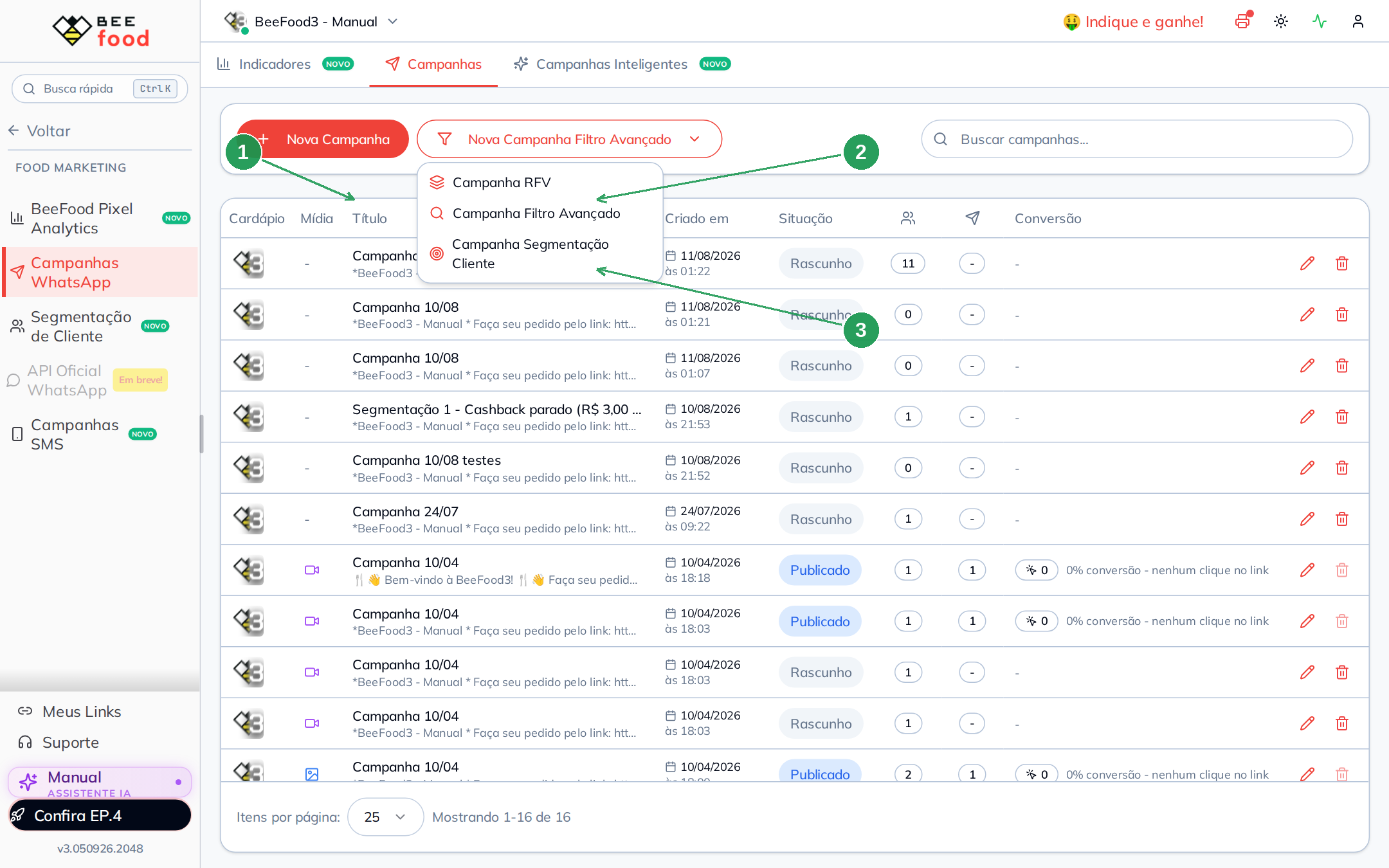 Menu de filtros para destinatarios