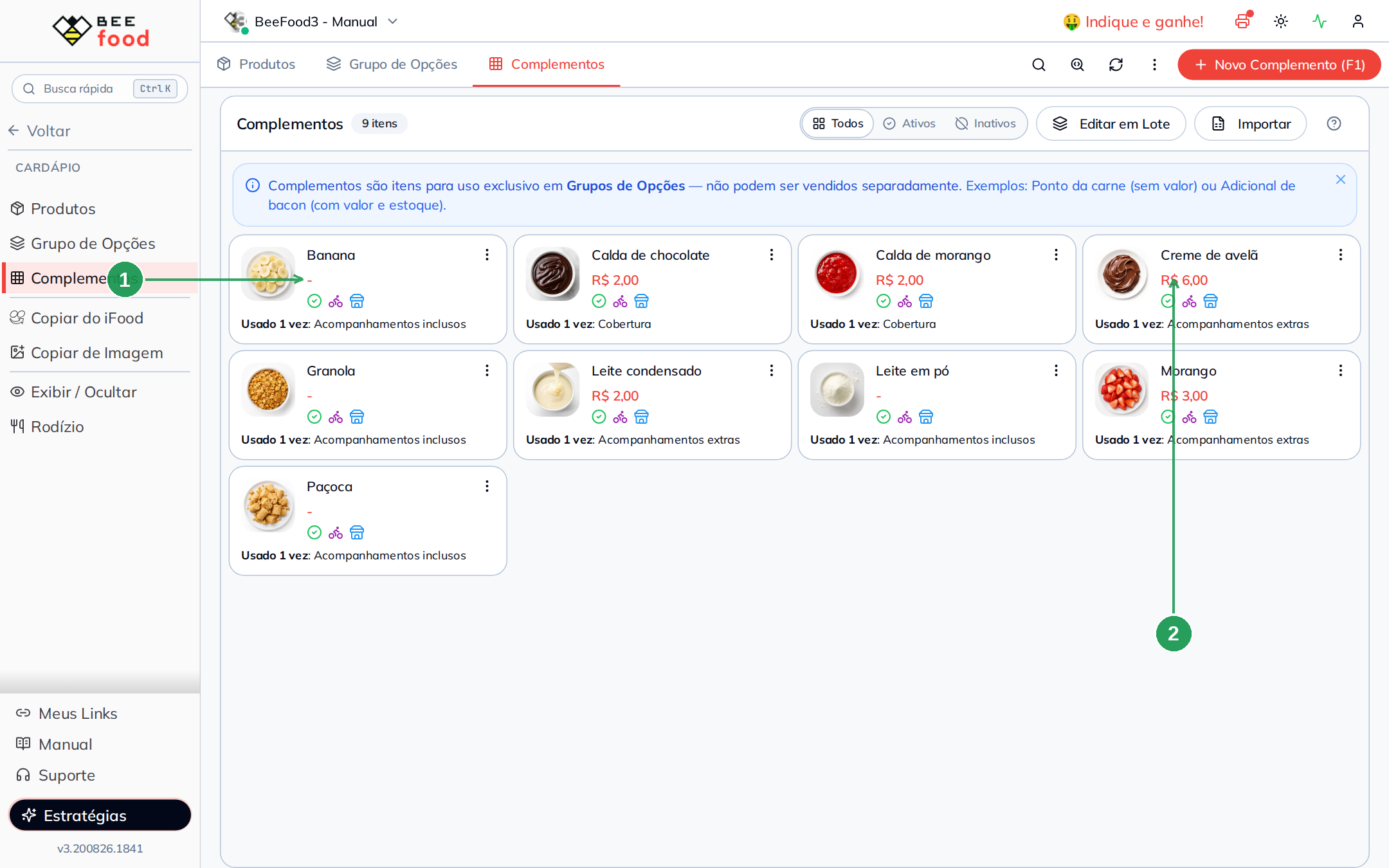 Complementos do açaí cadastrados