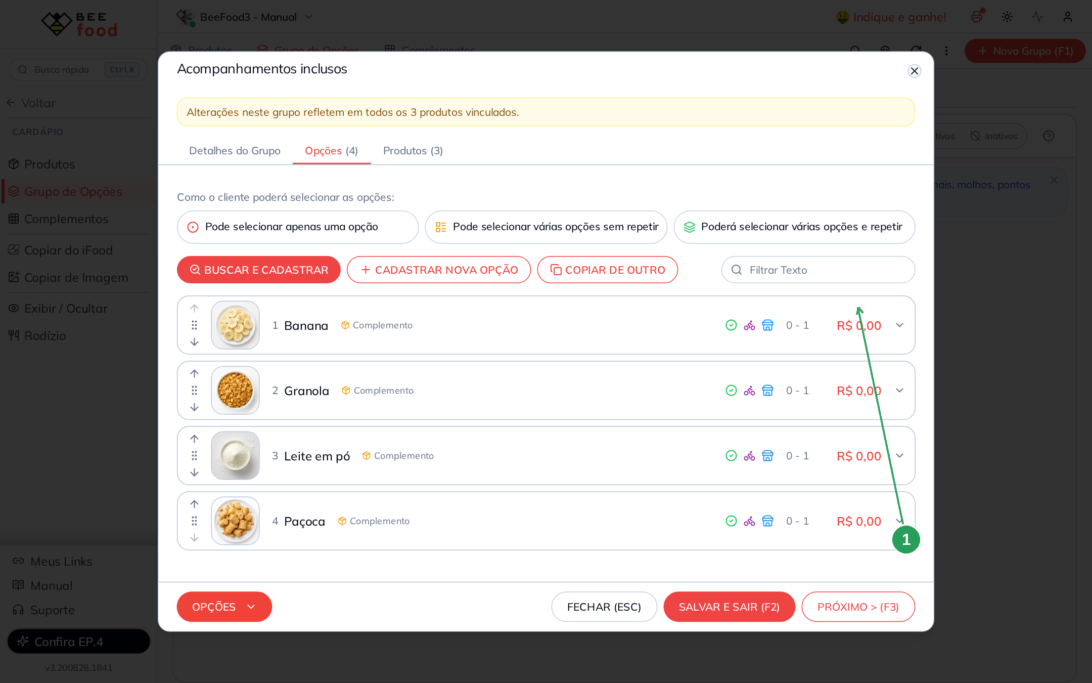 Opções do grupo de inclusos com valor zero