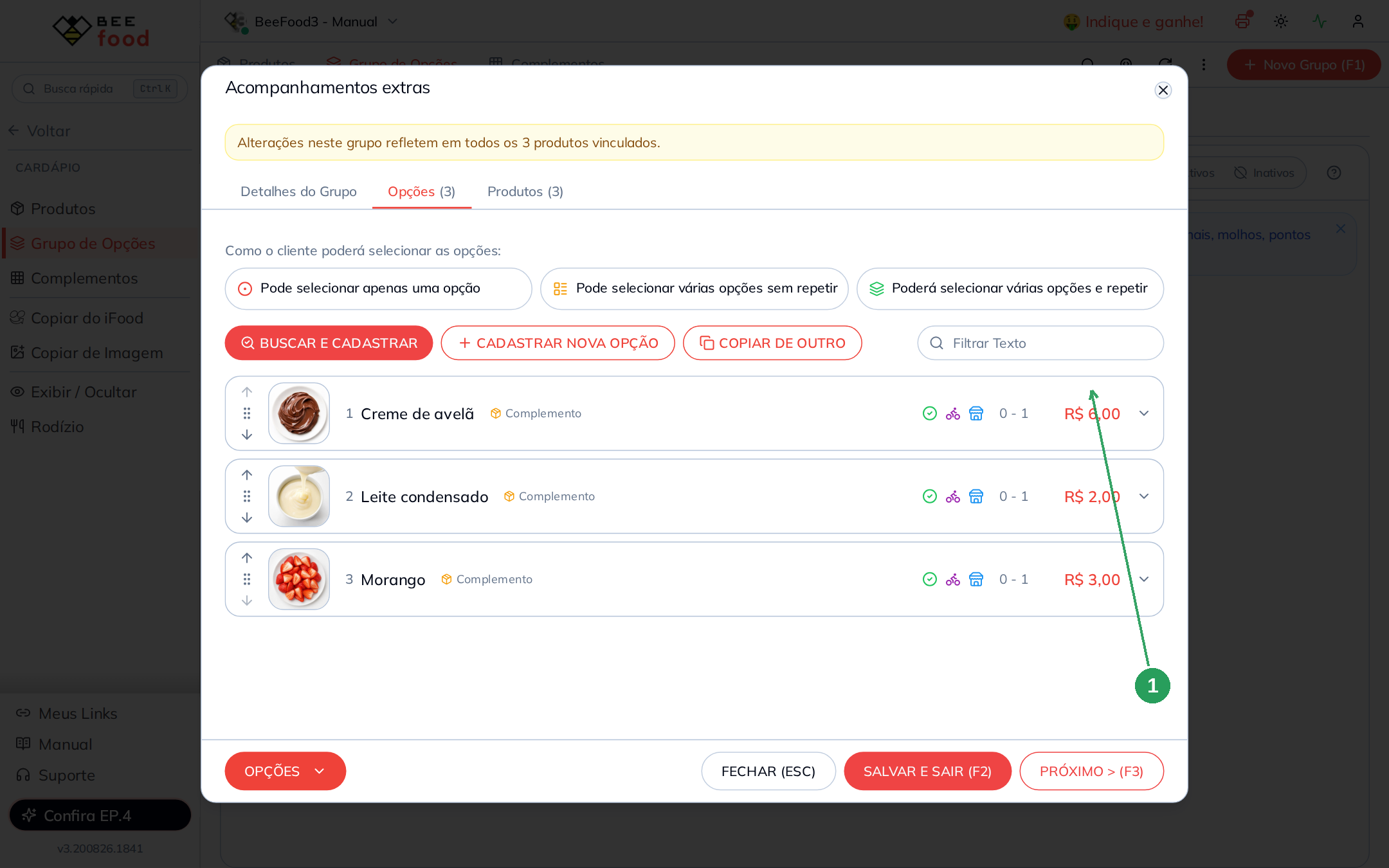 Opções do grupo de extras com preços