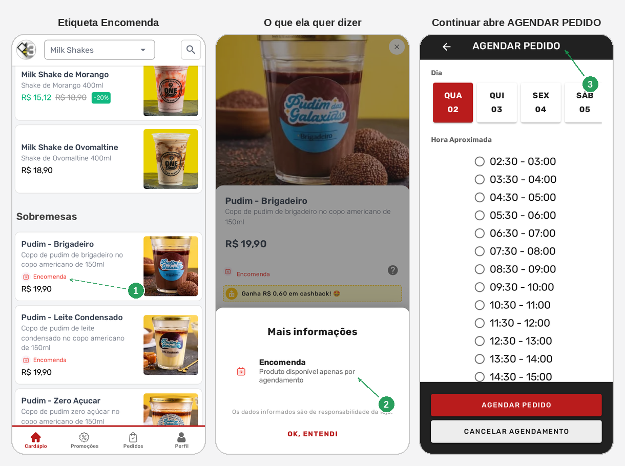 Cardápio digital no celular: etiqueta Encomenda, explicação e tela AGENDAR PEDIDO