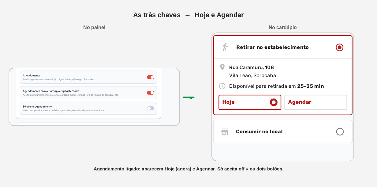 Recorte painel: três switches → cardápio: botões Hoje e Agendar