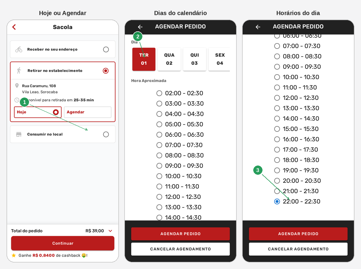Fluxo no celular: Hoje e Agendar, dias e horários