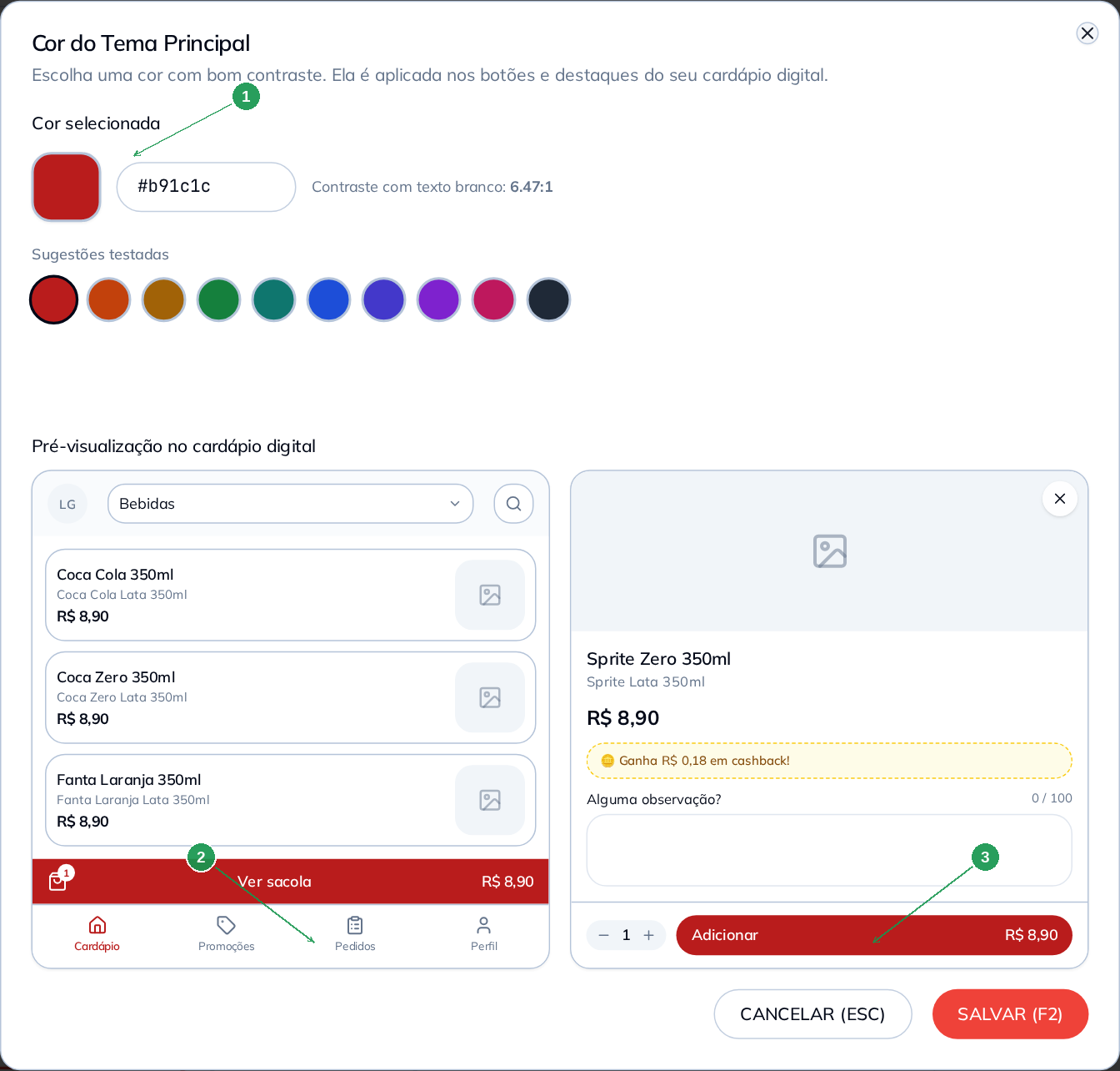 Modal da cor: paleta e prévia dos botões Ver sacola e Adicionar