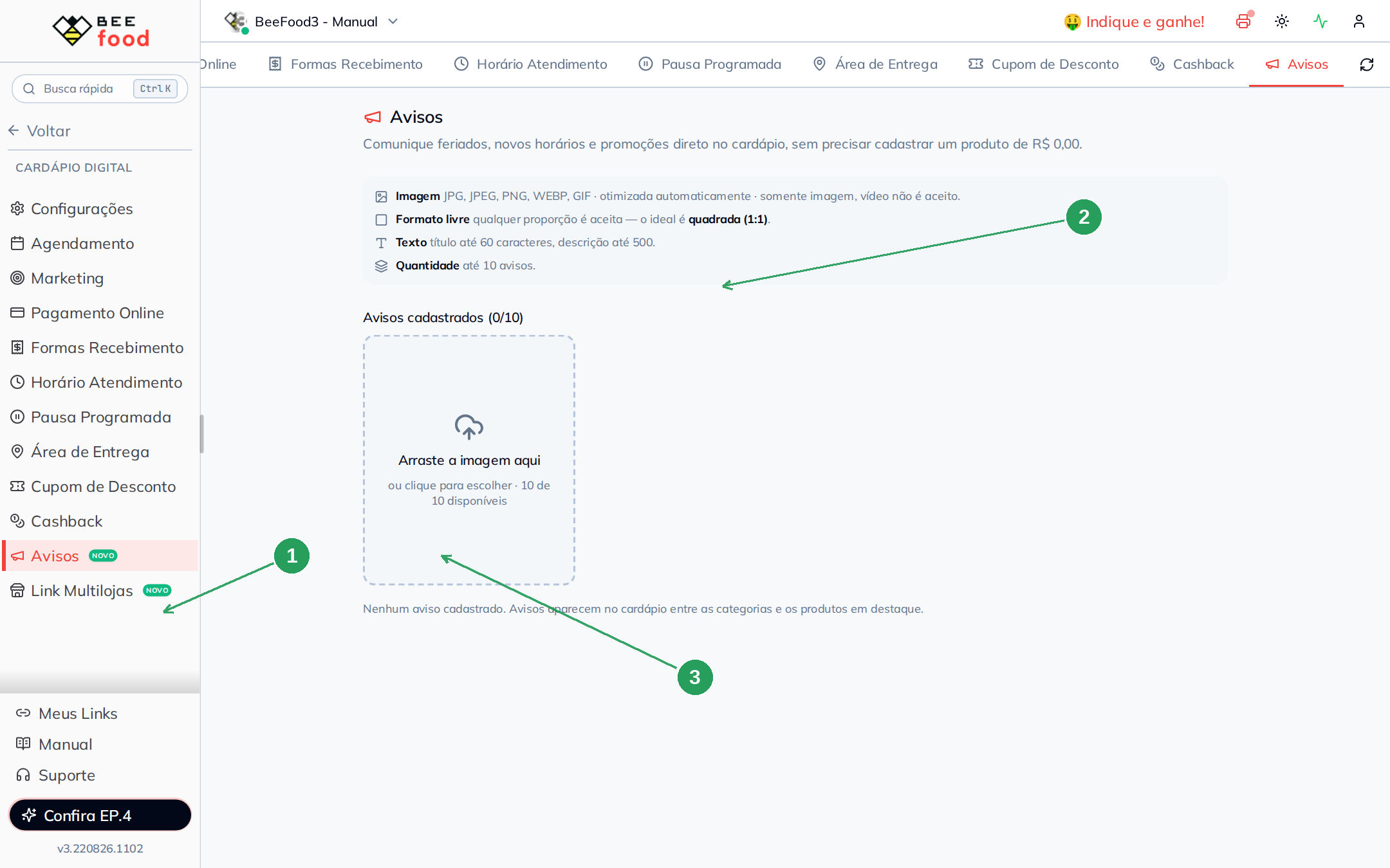 Aba Avisos vazia no menu Cardápio Digital com bloco de regras e área de upload