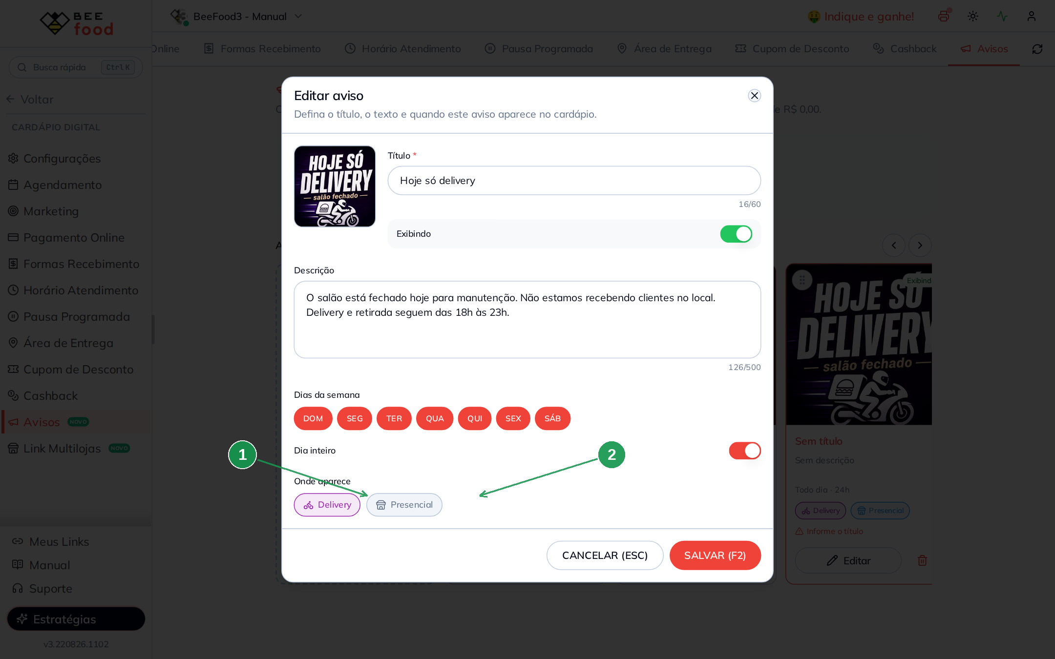 Aviso configurado só no canal Delivery com Presencial desligado