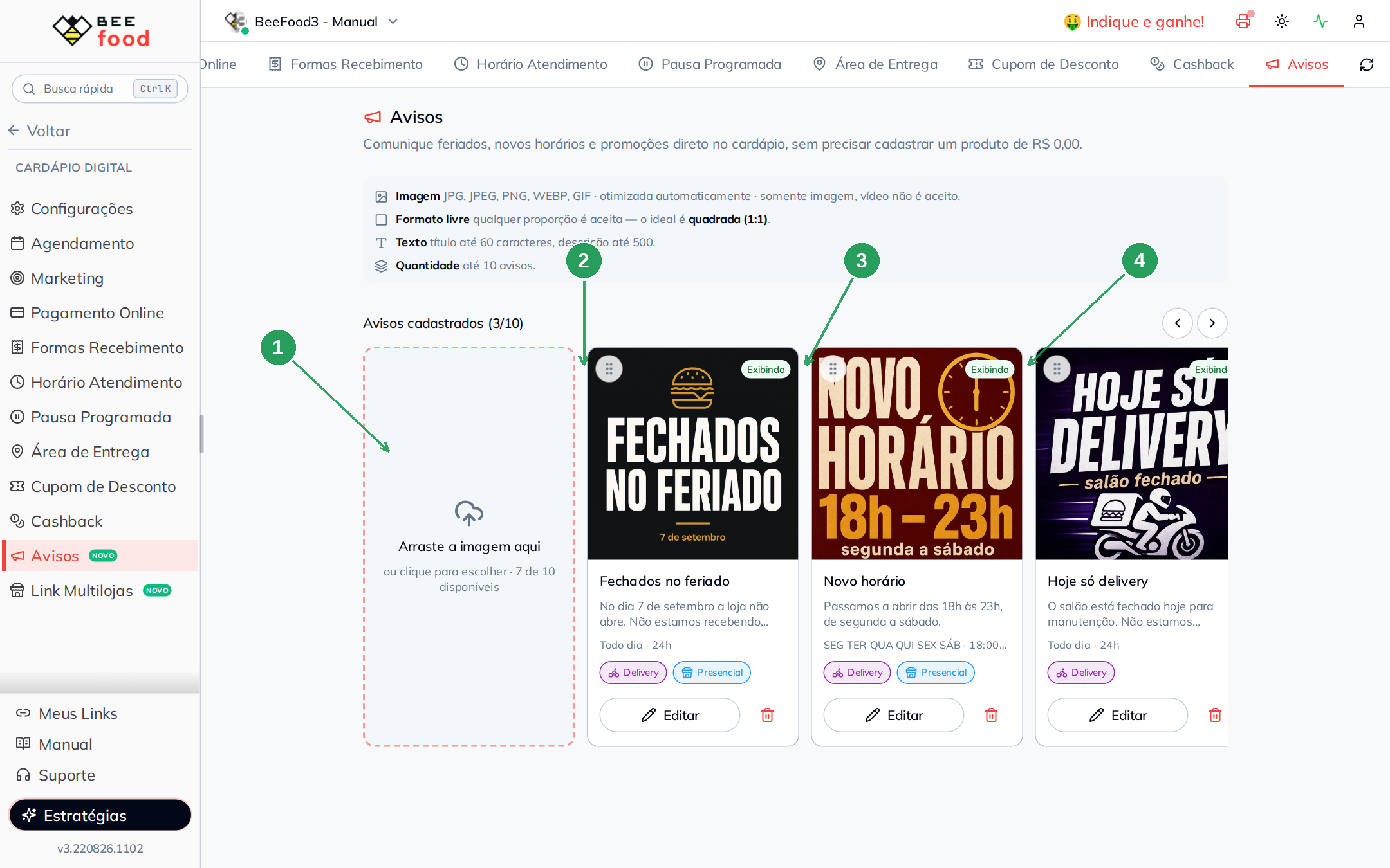 Lista de três avisos na aba com carrossel, selo Exibindo e botões de editar e remover