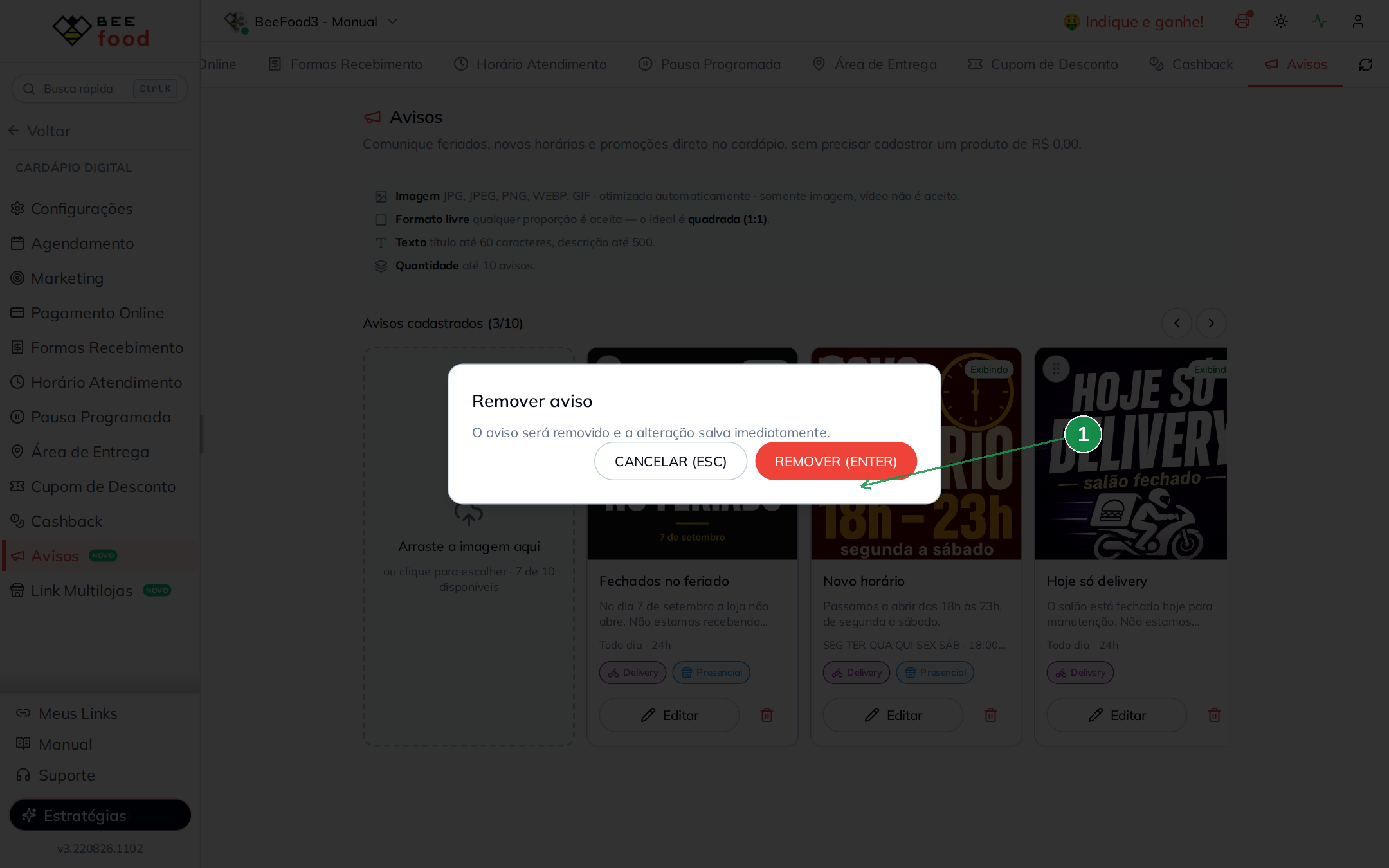 Confirmação para remover aviso com botões REMOVER e CANCELAR